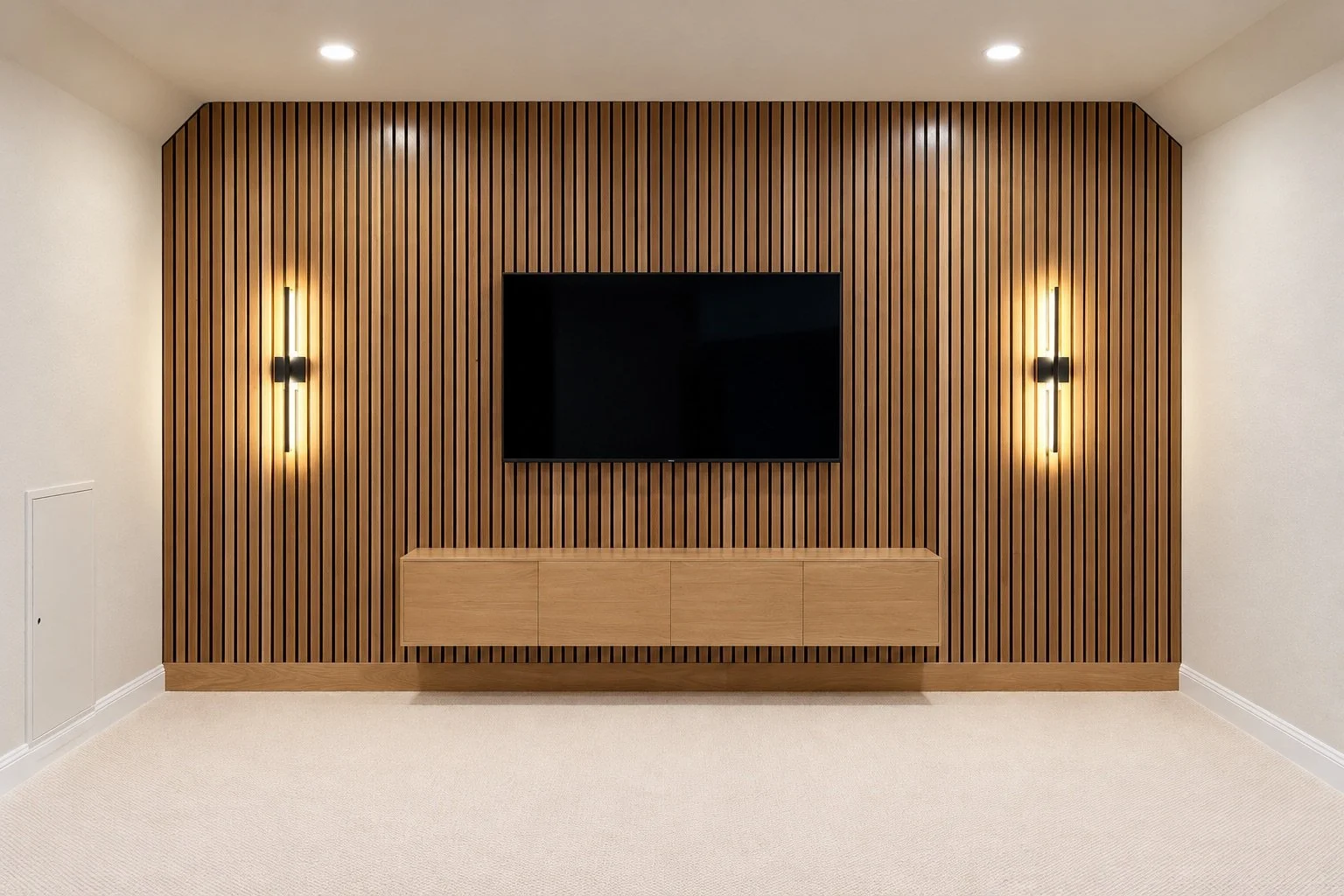 Wood slat feature wall with a wall-mounted television, floating wood cabinet, and two warm wall lights.
