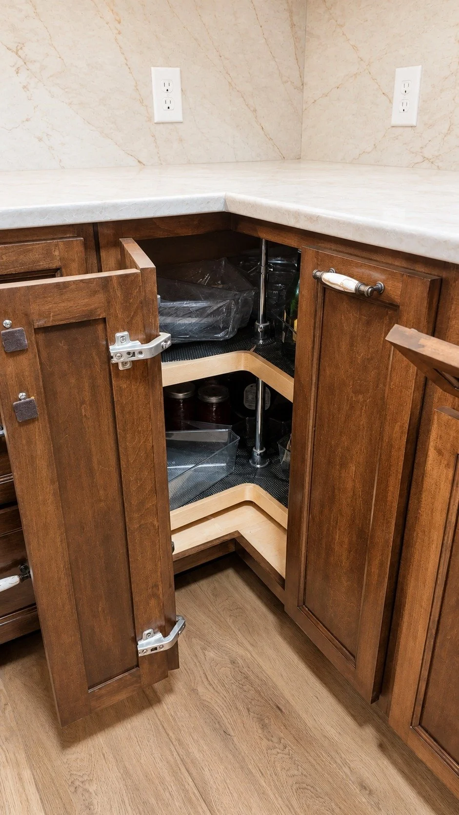 Custom storage behind matching cabinet doors.
