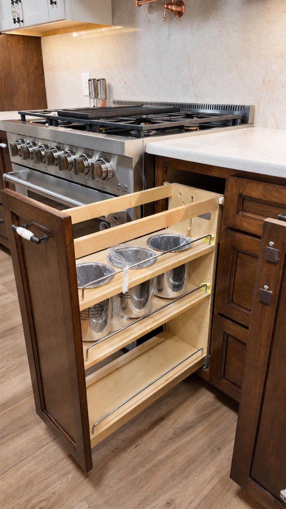 A narrow pull-out keeps cooking essentials within reach.