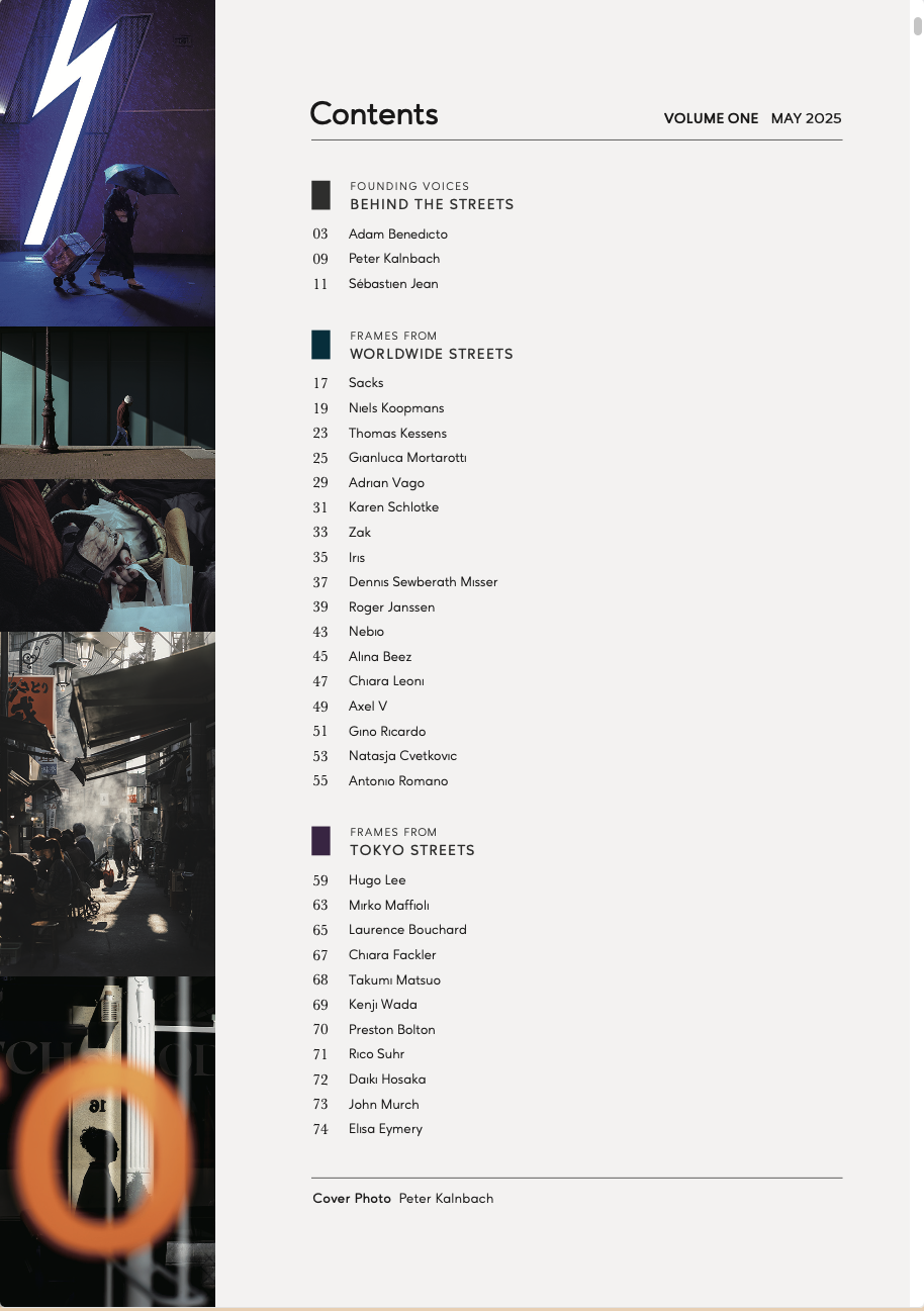 Image of a magazine table of contents page with sections for streets from around the world, along with various photos of city streets, people, and urban scenes.