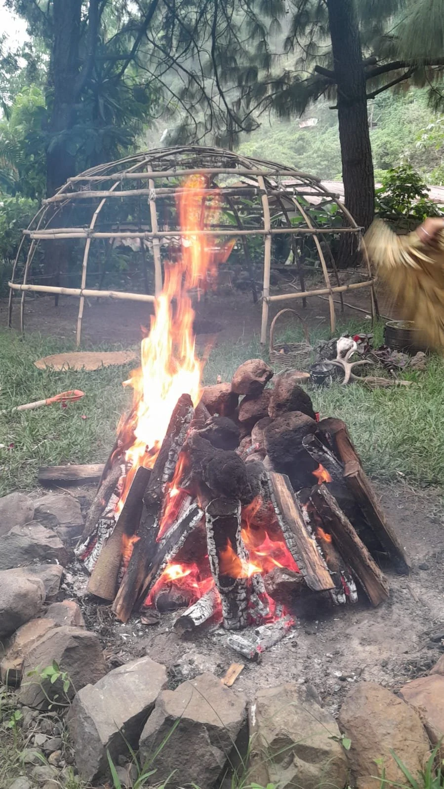 A sacred fire with burning logs surrounded by rocks in a forested area, with a sweatlodge, temazcal, and trees in the background.