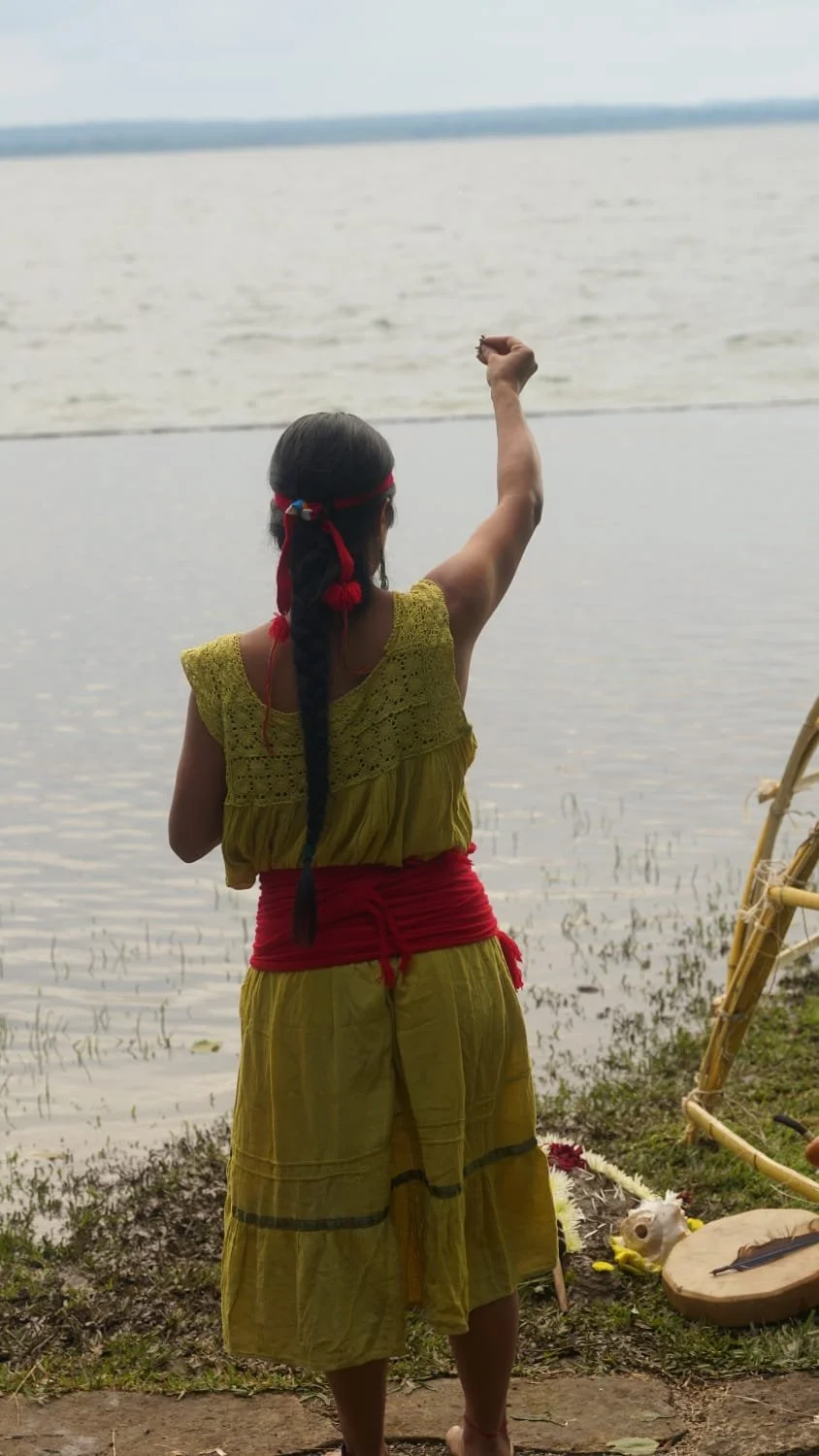 A woman dressed in yellow and red clothing with a braid and a headband facing a lake, raising her right fist in front of her with items like feathers and a shell nearby.