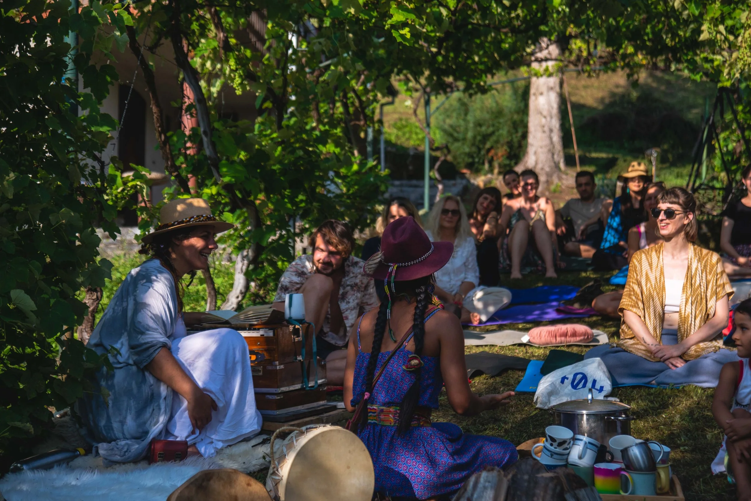 A group of people sitting outdoors under a leafy tree, enjoying a sunny day. Some are smiling and engaging in conversation. There are musical instruments and cups, indicating a relaxed gathering or picnic.