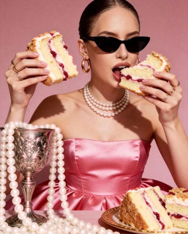Cake in one hand, confidence in the other. 🍰🕶️
Pearls, pink satin, and a little indulgence &mdash; because glamour is a lifestyle, not an occasion.

Hashtags (editorial + aesthetic):
#HighFashionEditorial #LuxuryAesthetic #FashionMood #VogueVibes #
