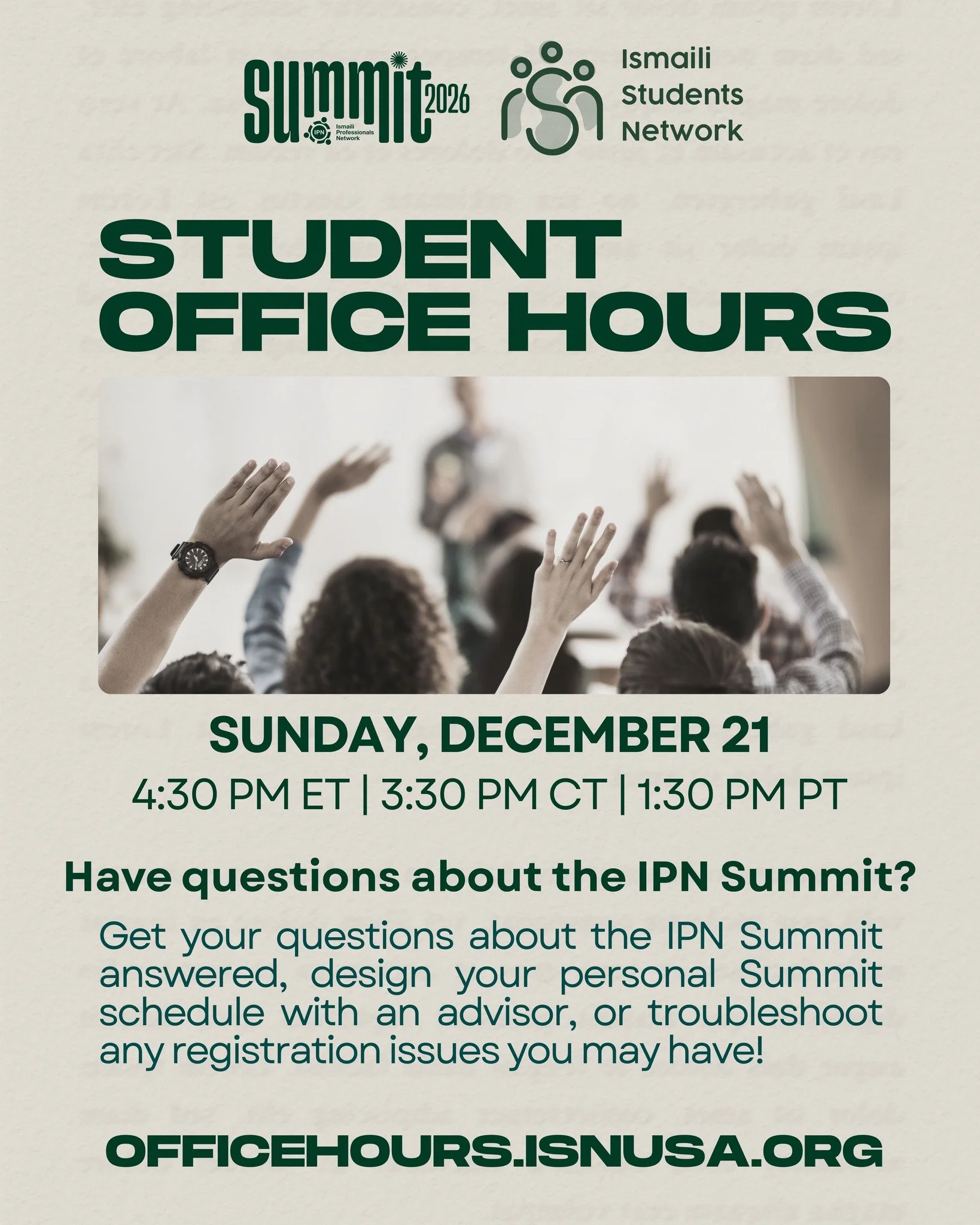 Make the most of your IPN Summit experience.
Join Student Office Hours to get answers, personalize your schedule, and resolve any registration questions.

🗓 Sunday, December 21
⏰ 4:30 PM ET | 3:30 PM CT | 1:30 PM PT
🔗 officehours.isnusa.org