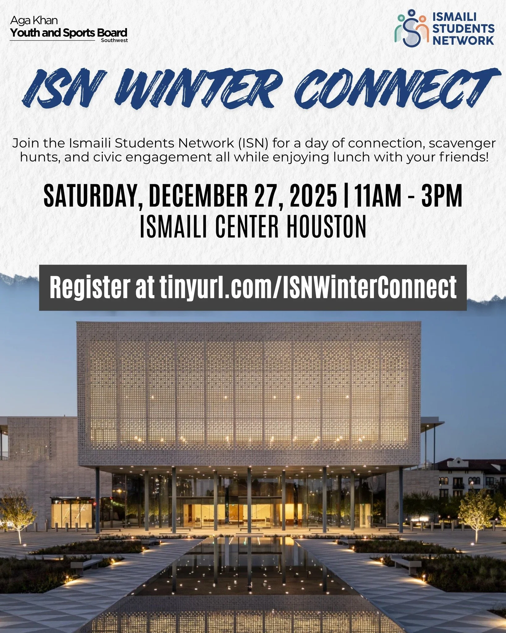 Join the Ismaili Students Network (ISN) for a day of meaningful connection at the Ismaili Center Houston. As the semester winds down, take this opportunity to expand your circle, share experiences with peers across various disciplines, and enjoy a cu