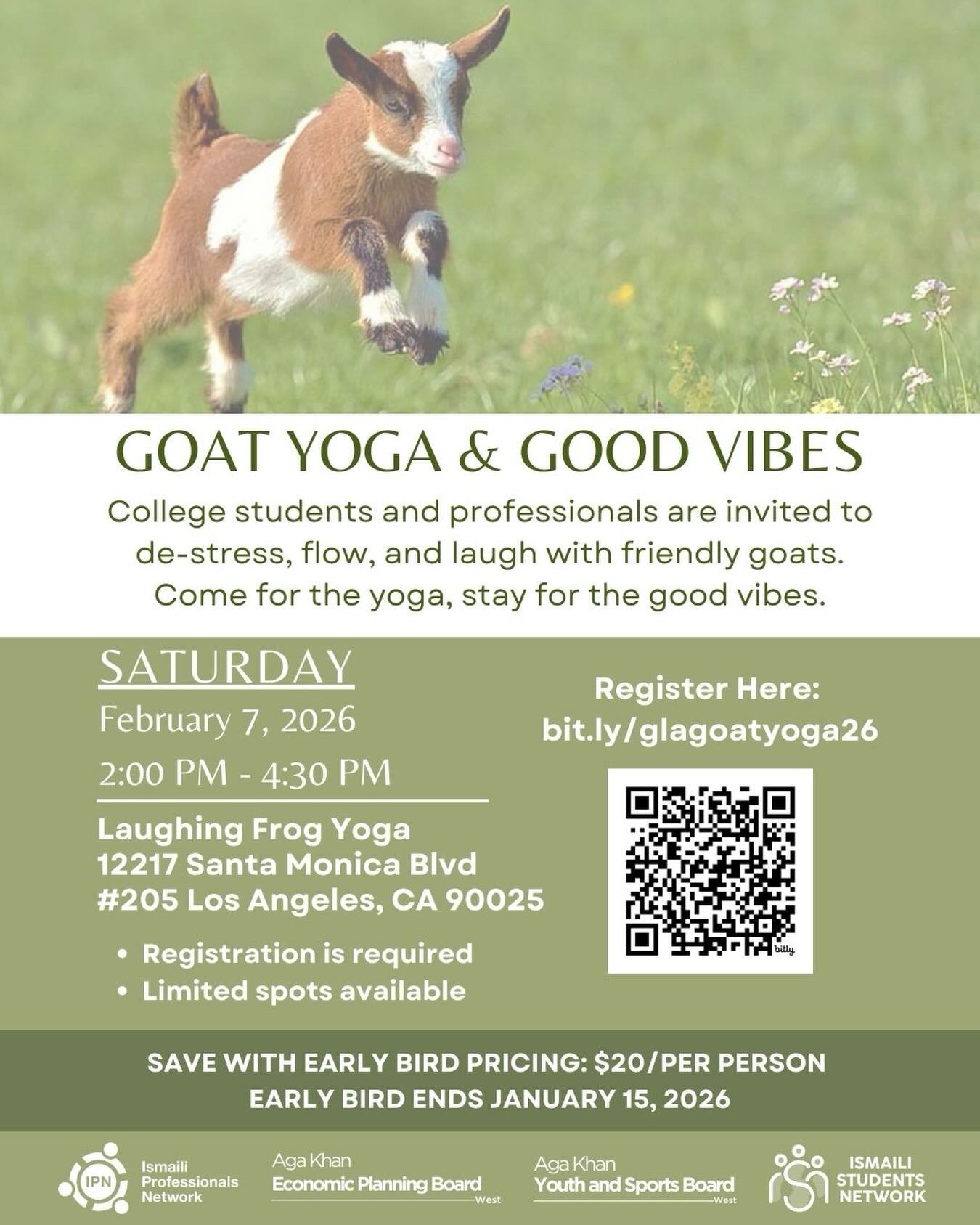 📣 🐐🧘🏽&zwj;♀️ College students and professionals are invited to de-stress, flow, and laugh with friendly goats! Come for the yoga, stay for the good vibes.&nbsp;&nbsp;

📅 Saturday, February 7, 2026 📍 Laughing Frog Yoga 
💰 Early Bird: $20/person