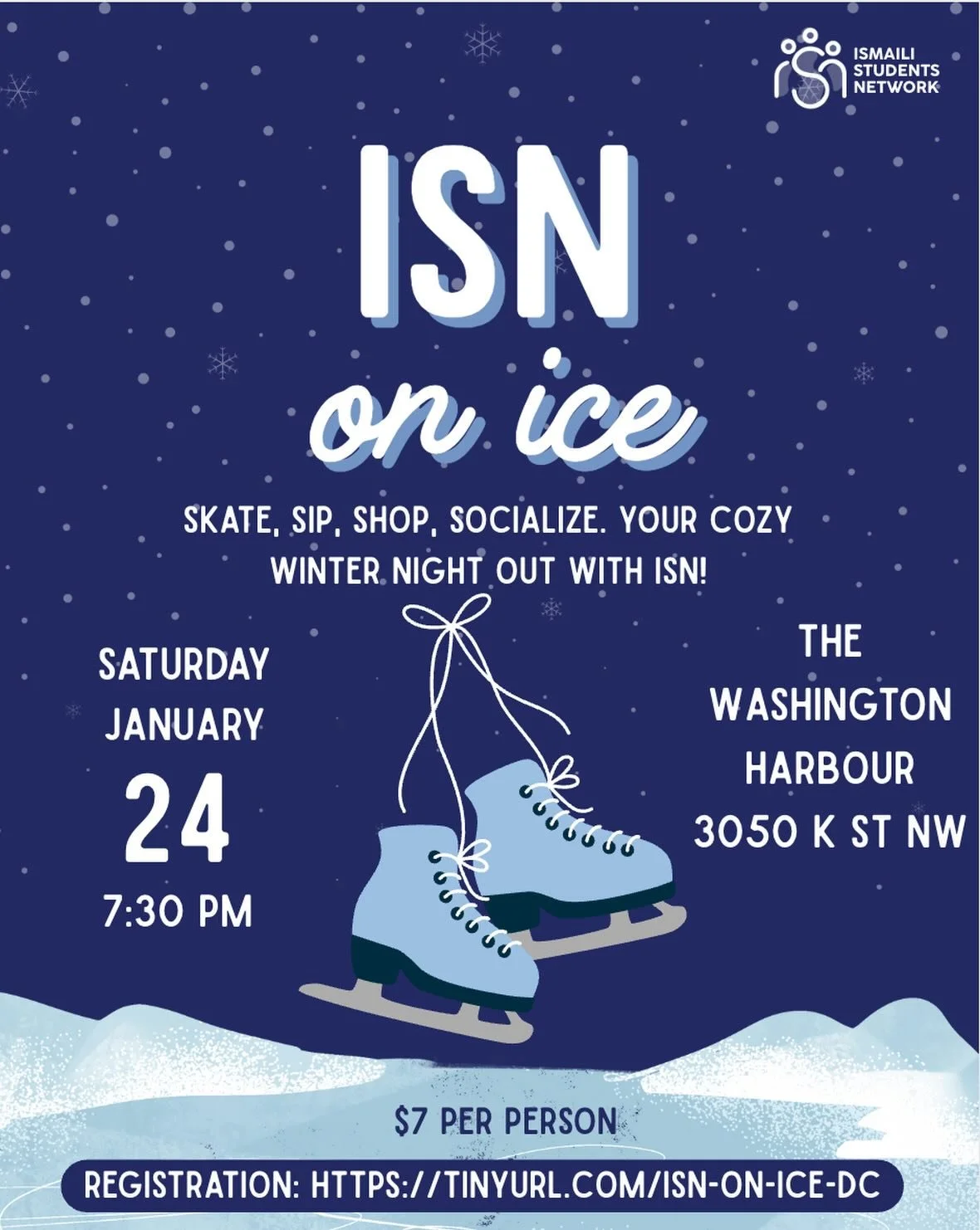 A winter social with ISN ⛸️ Come out for skating, good company, and a relaxed night in the city on January 24th! Register now at the link in bio (tinyurl.com/isn-on-ice-dc) or on our website!