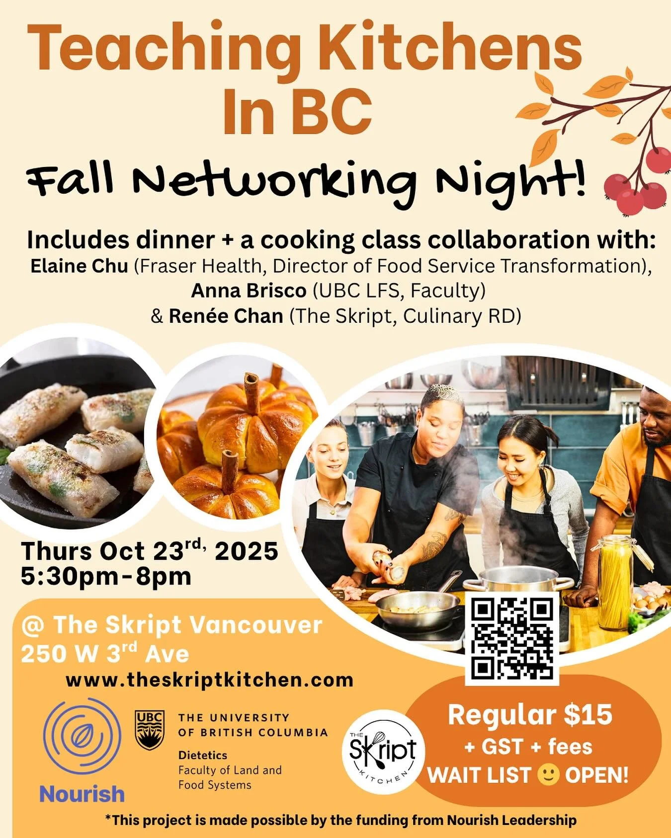 We’re so excited to host this Teaching Kitchens networking evening with Nourish Leadership & UBC LFS! This is a start of a new journey for The Skript Vancouver! The waitlist is open for Oct 23rd! Thanks for the support @nourishlead @ubclfs