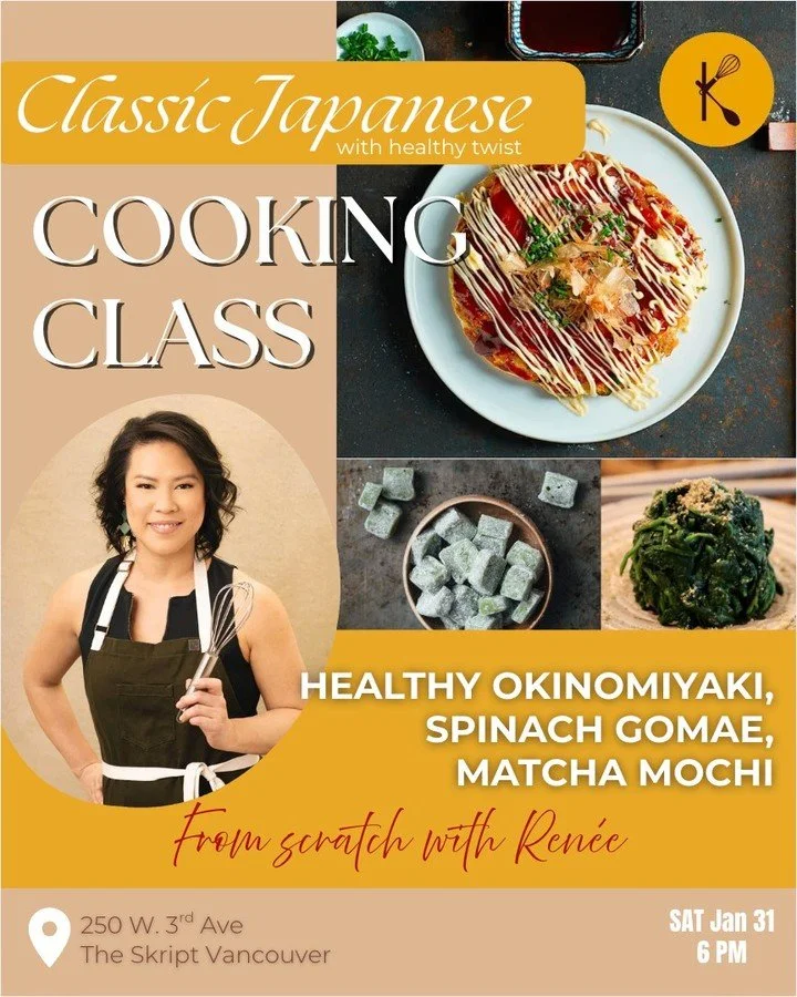 Flavorful Japanese Classics made healthy! 🥢✨ 

Join us Jan 31st at 6 PM to whip up:

&bull; Sizzling Okonomiyaki 🥞
&bull; Nutty Spinach Gomae 🥗
&bull; Earthy Matcha Mochi 🍡

All the flavor you love, Skript-style with Ren&eacute;e. 👩🏻&zwj;🍳

Gr