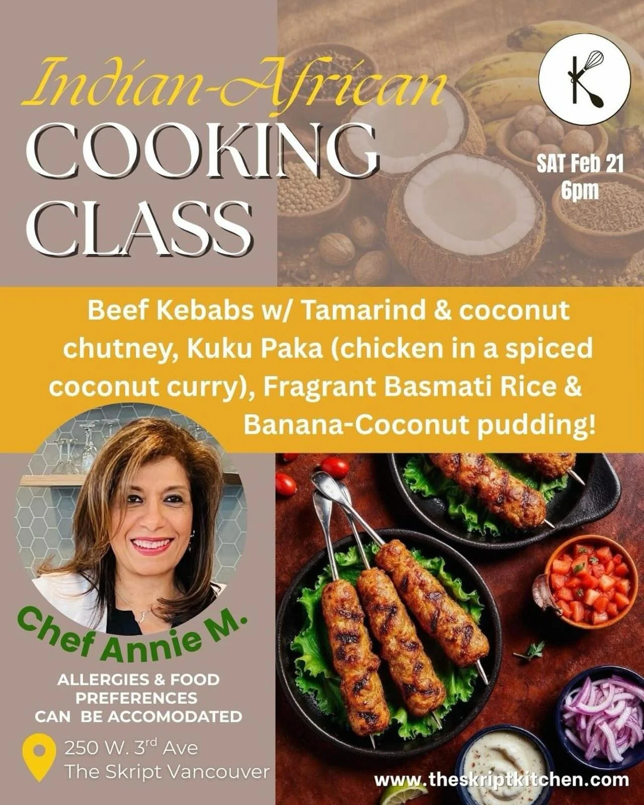 Honoured to have Chef Annie M., owner of Galloway&rsquo;s Foods @gallowaysfoods to come share her recipes on Feb 21st! 
Join us for a hands-on cooking class at The Skript &amp; learn these delicious Indian-African dishes while learning about the stor
