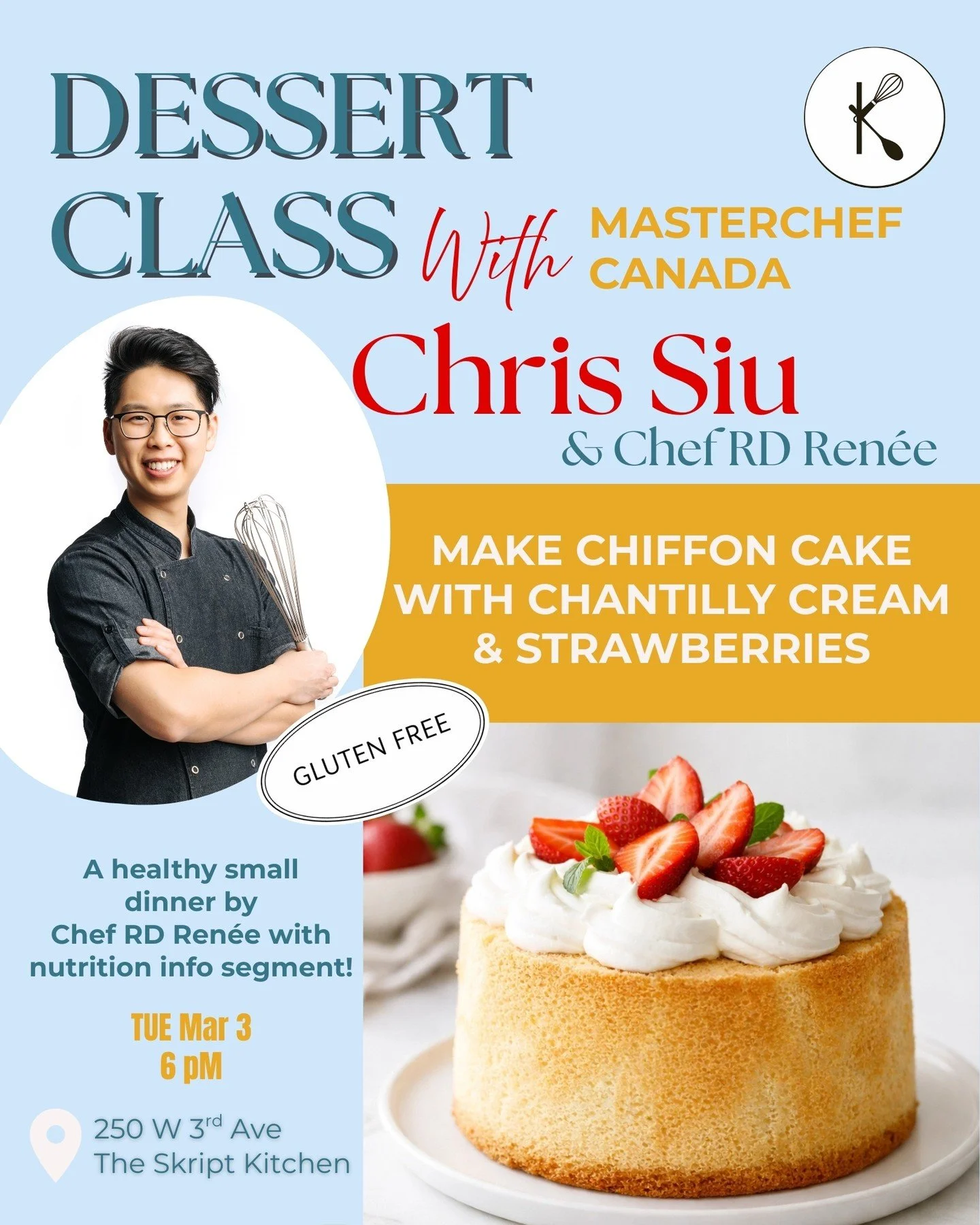 Sweeten your week! 🍰 We&rsquo;re whisking up something special at the Skript Kitchen and you&rsquo;re invited.

Come learn the art of the perfect Gluten-Free Chiffon Cake with none other than MasterChef Canada&rsquo;s Chris Siu! You&rsquo;ll master 