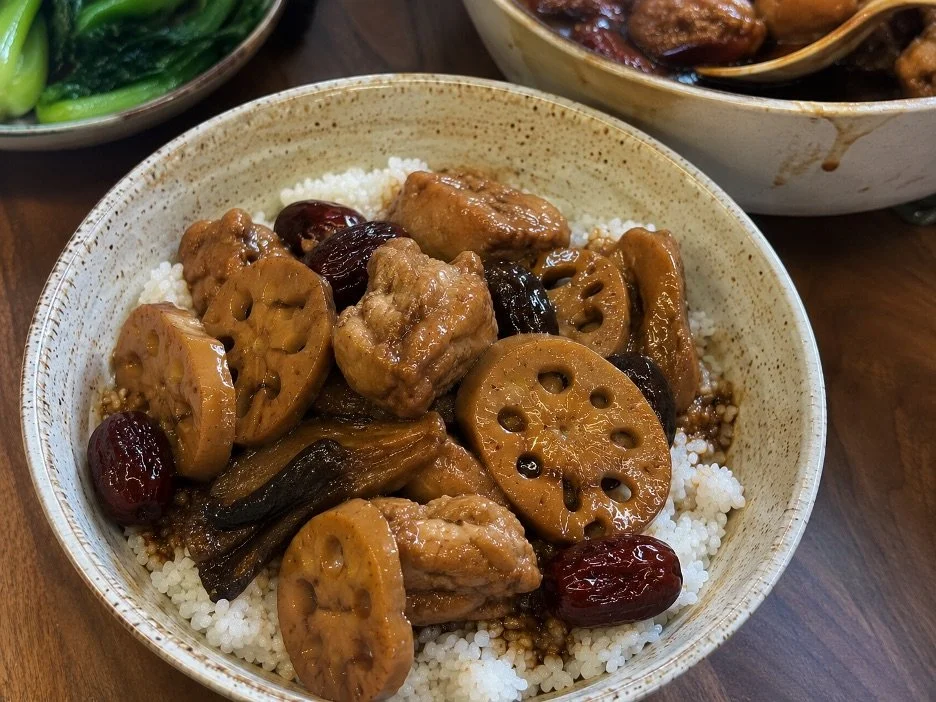 Plant Based Oyster Style Sauce with Braised Chicken, Red Dates and Lotus Root over Rice