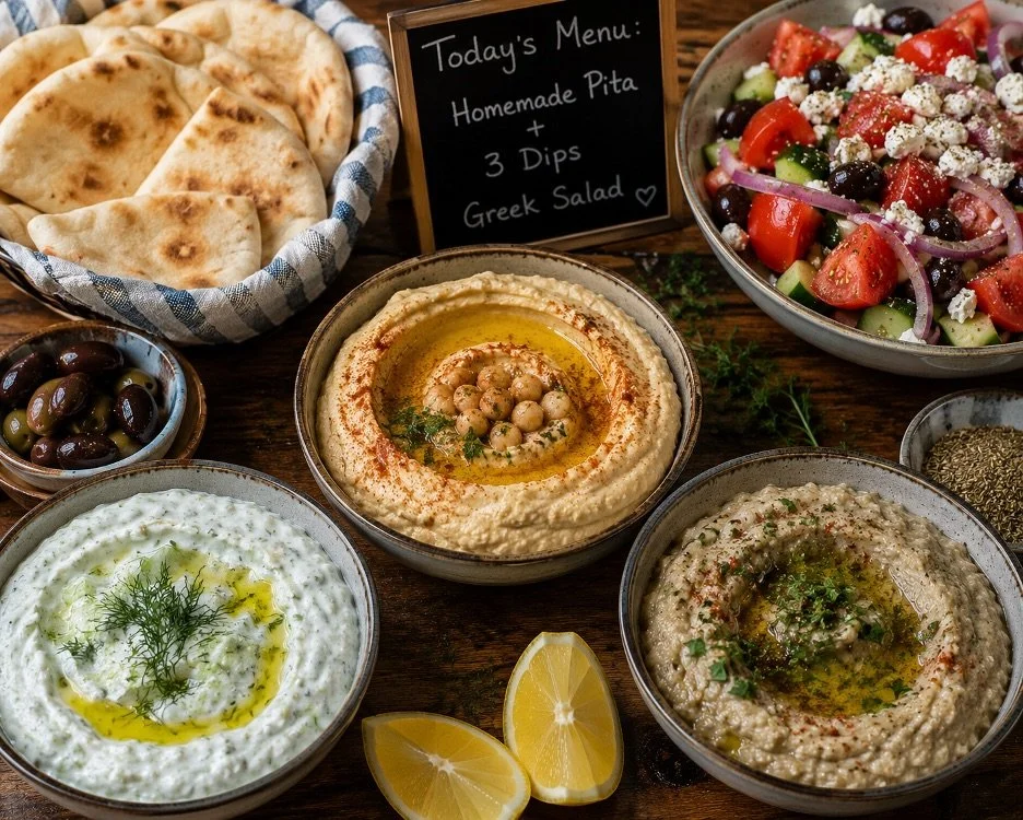 Trio of Dips from Scratch with Pita from Scratch and Greek Salad