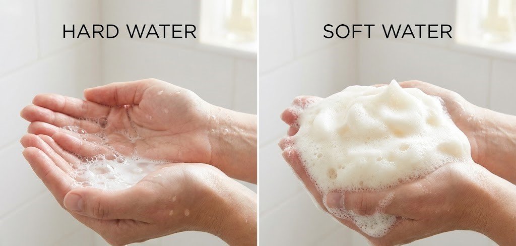 Comparison of hand washing with hard water on the left and soft water with soap on the right.