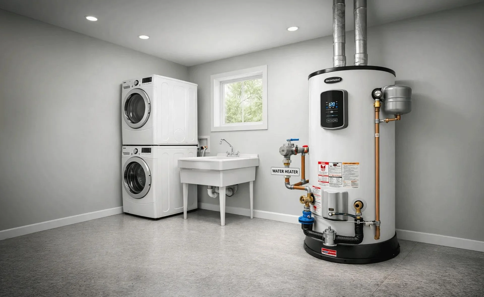 A laundry room with a stacked washer and dryer, a utility sink, and a water heater with pipes and controls. The room has a small window and ceiling lights.