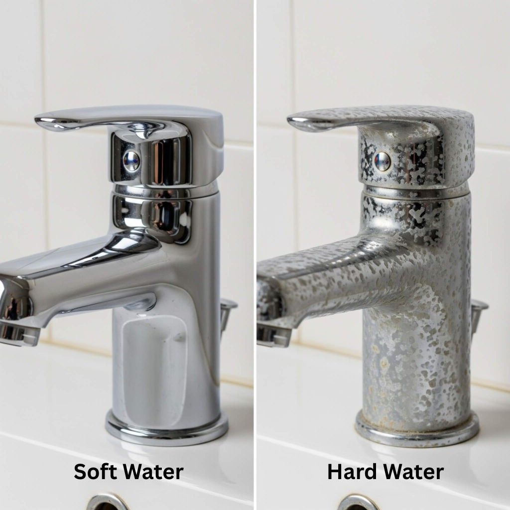 Comparison of a shiny, clean chrome faucet labeled 'Soft Water' on the left and a rusty, tarnished faucet labeled 'Hard Water' on the right.
