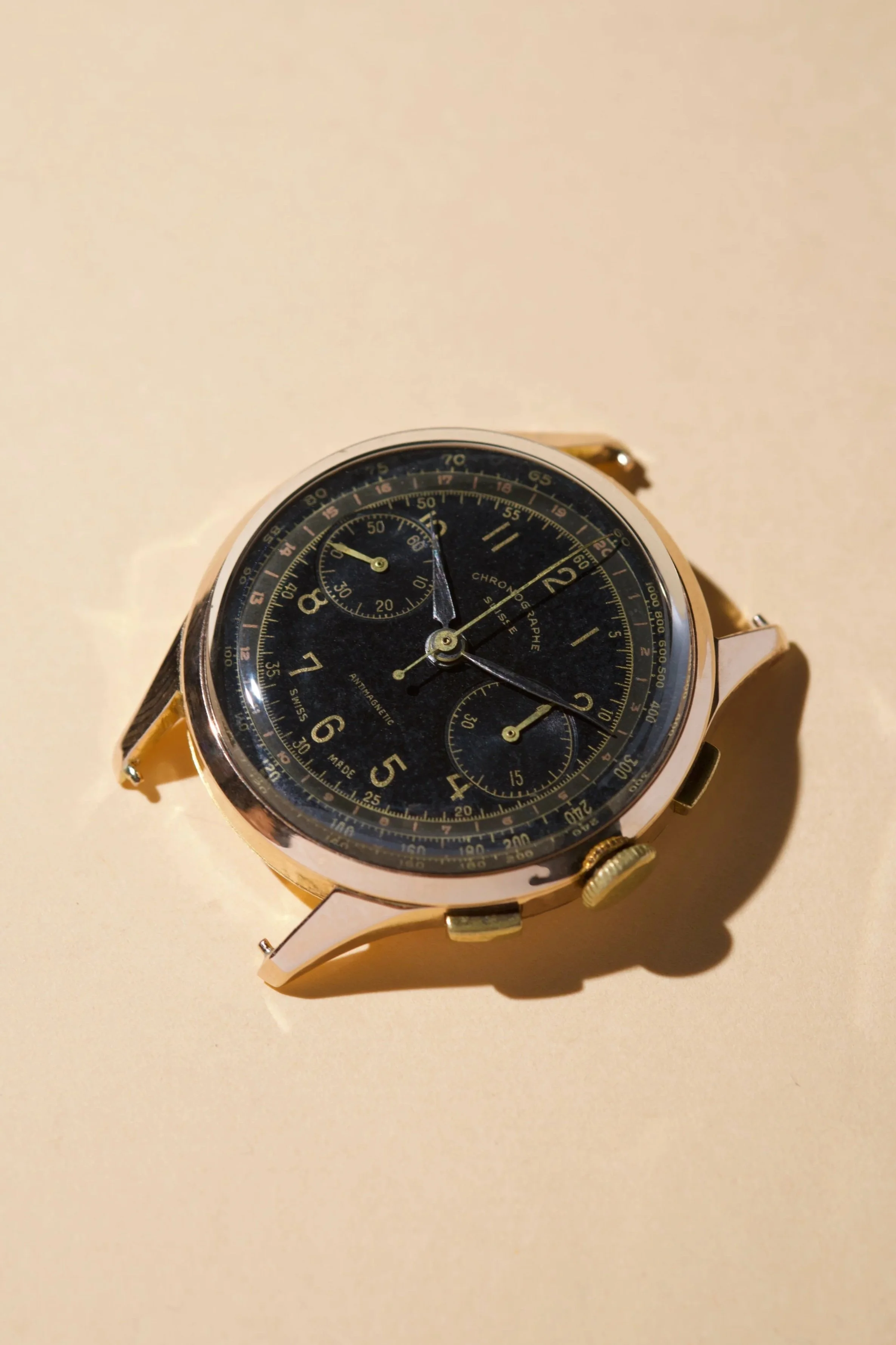 Chronographe Suisse Landeron en Or Rose 18K – Montre vintage Mécanique Cadran Noir