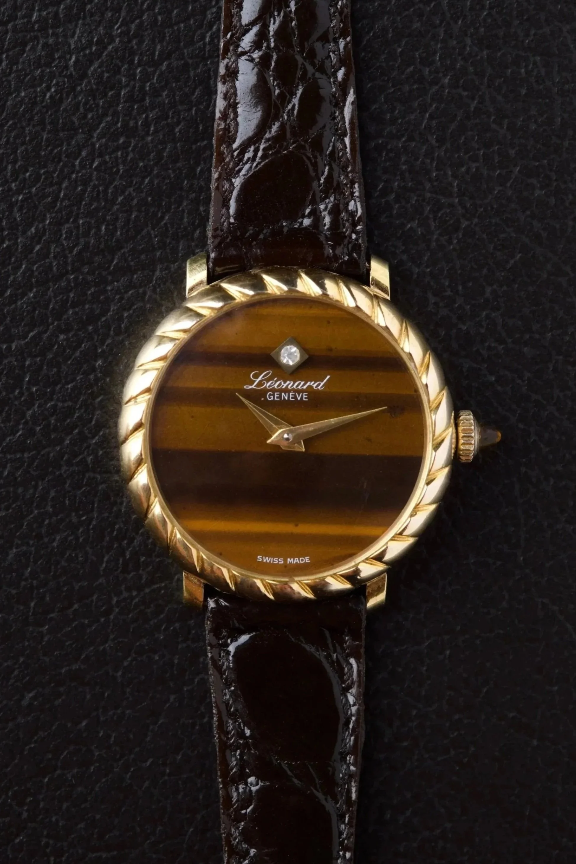 Leonard Genève Plaqué or Œil de Tigre Vintage Mécanique Femme Diamant 1970