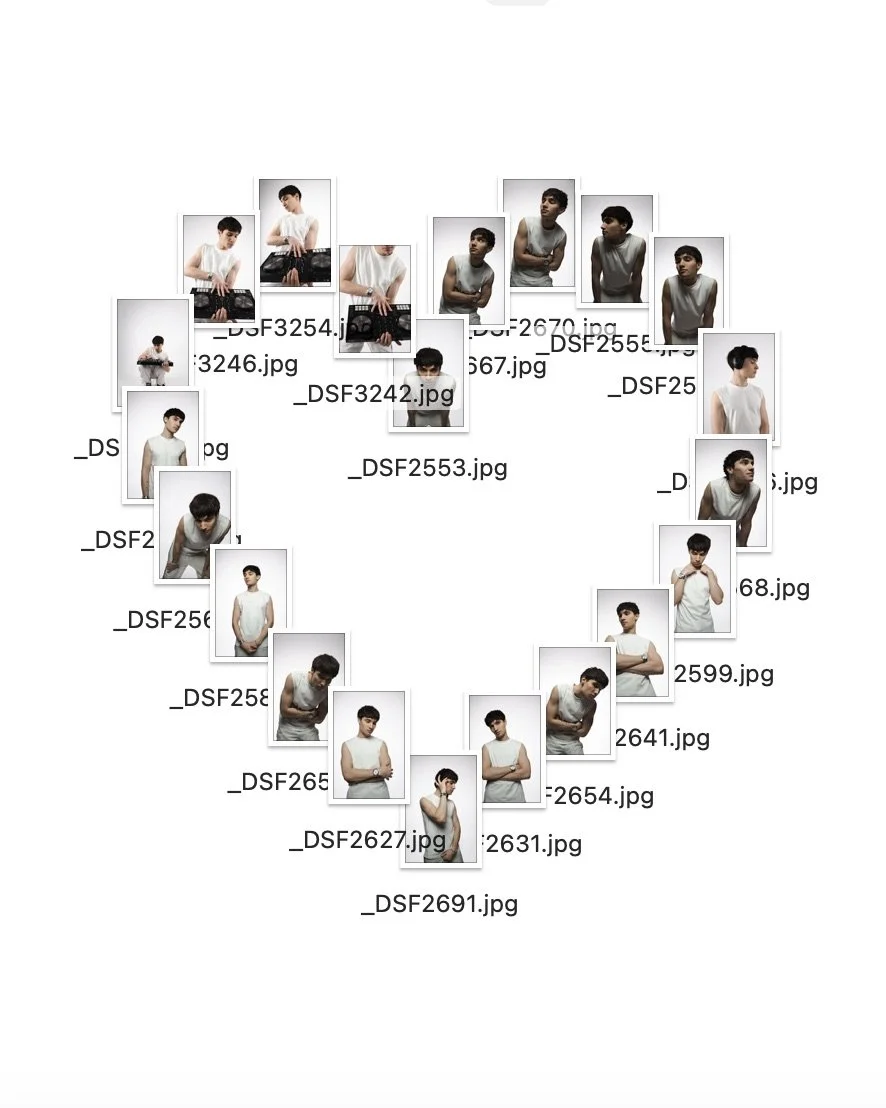 Collage of portrait photos arranged in a heart shape, featuring a person in various poses. Each photo has a filename below it.