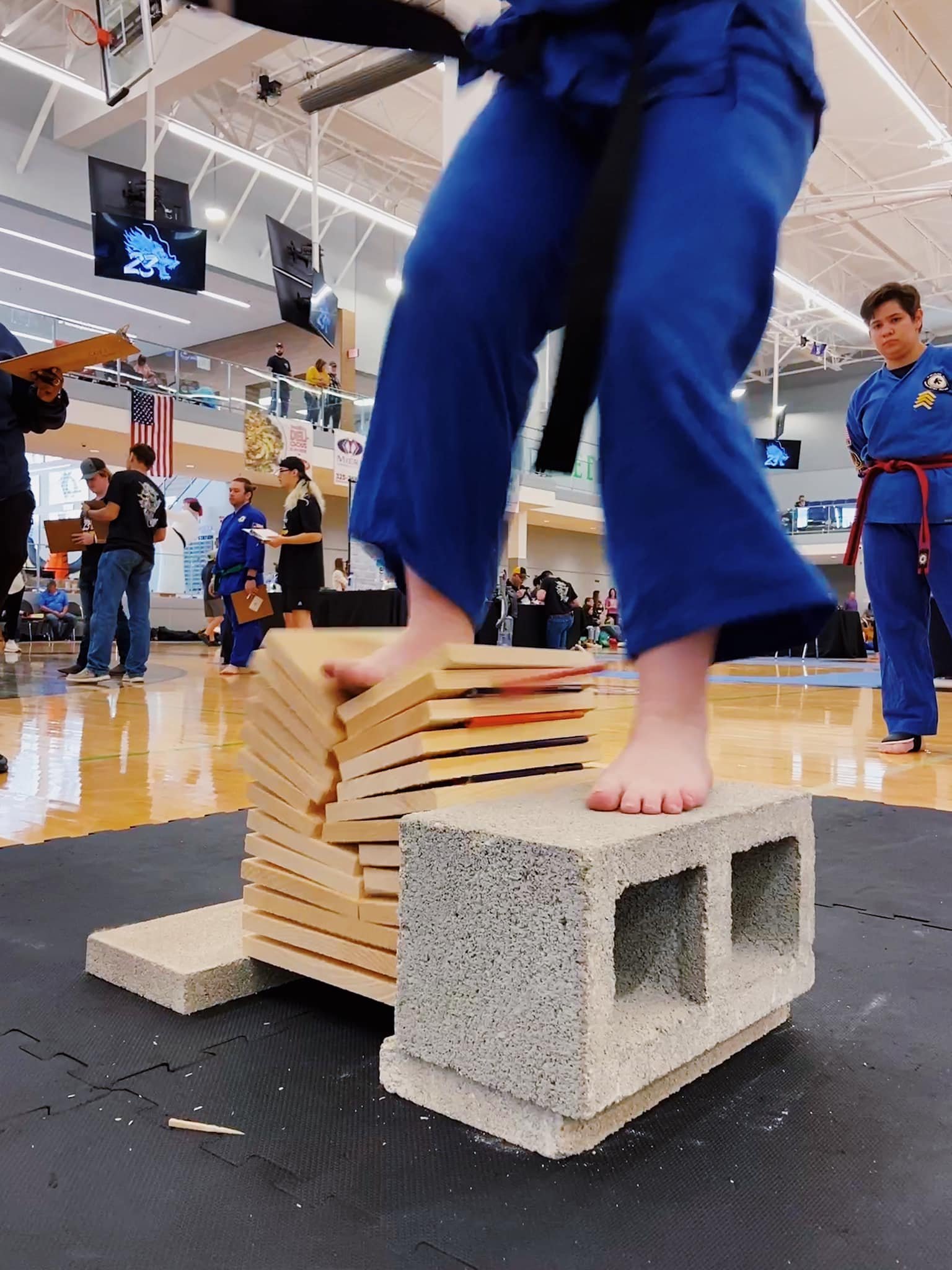 Martial artist breaking wooden boards with a foot stomp in a gym setting.