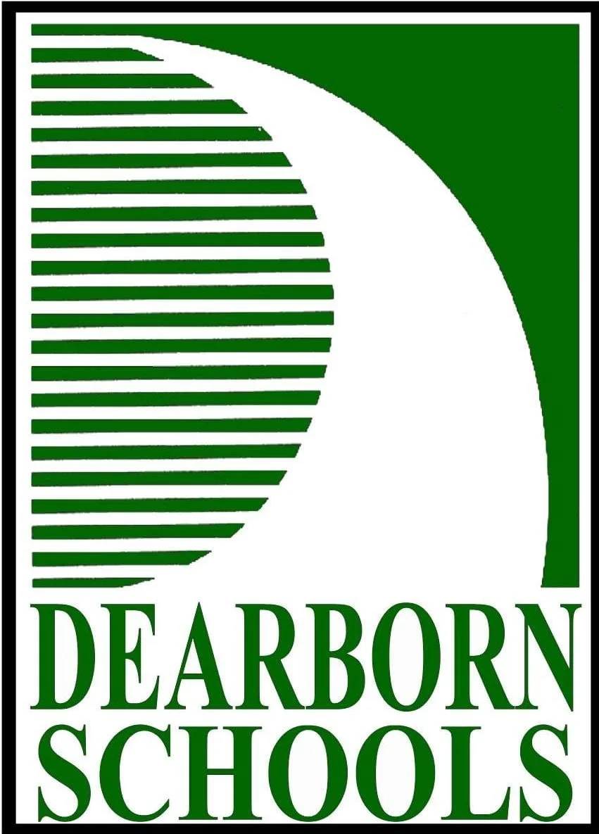 Dearborn Schools logo with green and white striped design.
