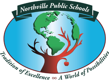Northville Public Schools emblem with a tree growing into a globe, emphasizing "Tradition of Excellence, A World of Possibilities."