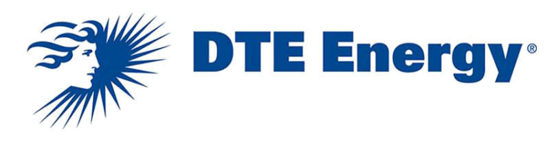 DTE Energy logo with stylized blue emblem and text