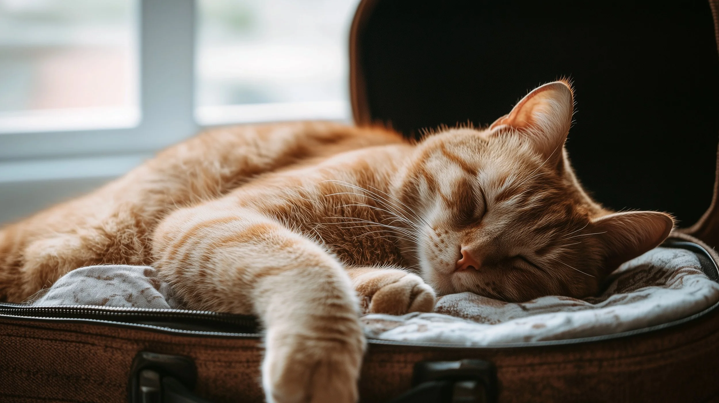 An orange tabby cat sleeping in an open pet carrier.