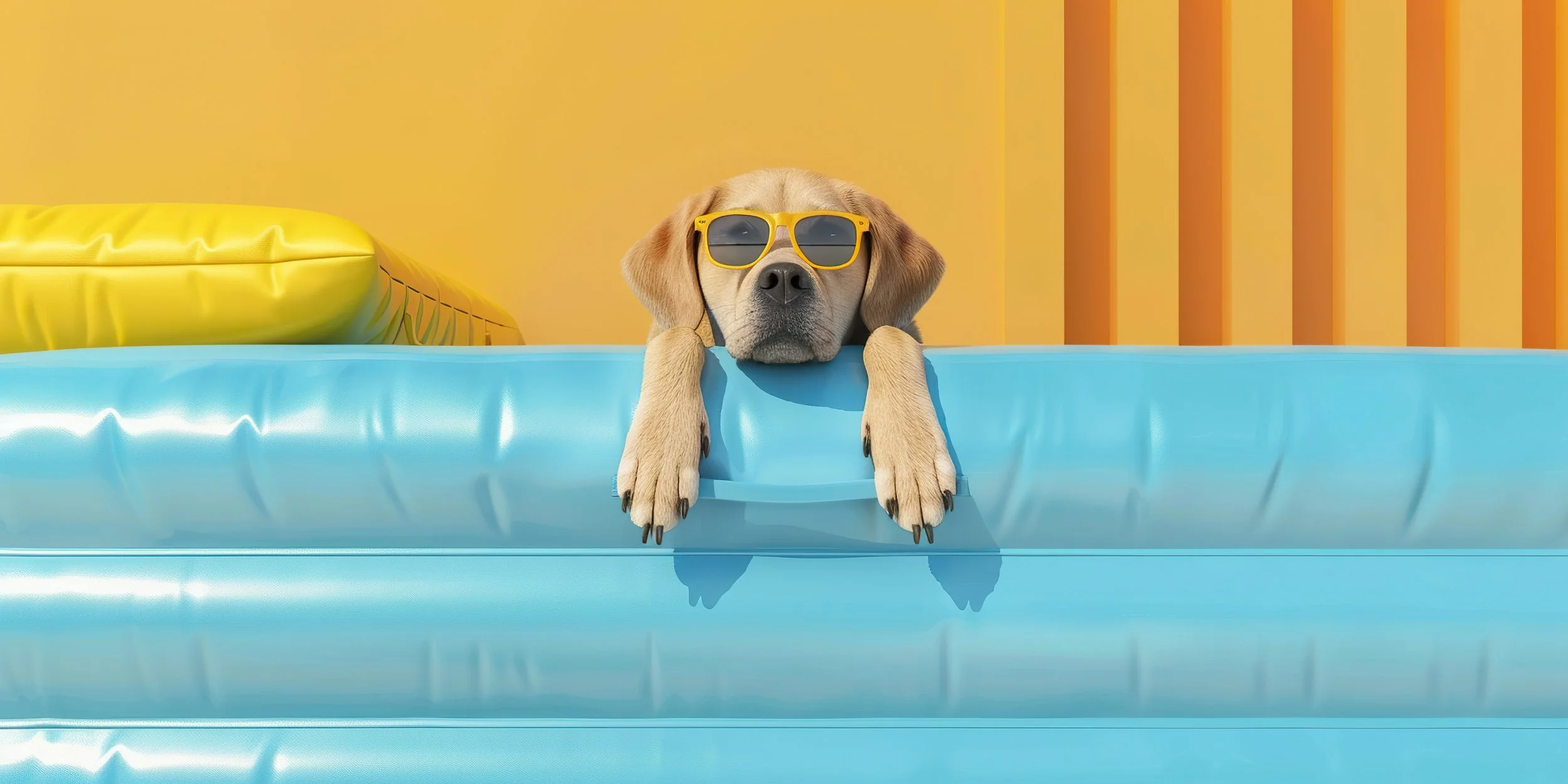 Dog wearing yellow sunglasses relaxing on an inflatable pool float in a swimming pool, with a yellow pool float in the background, against yellow and orange striped wall.