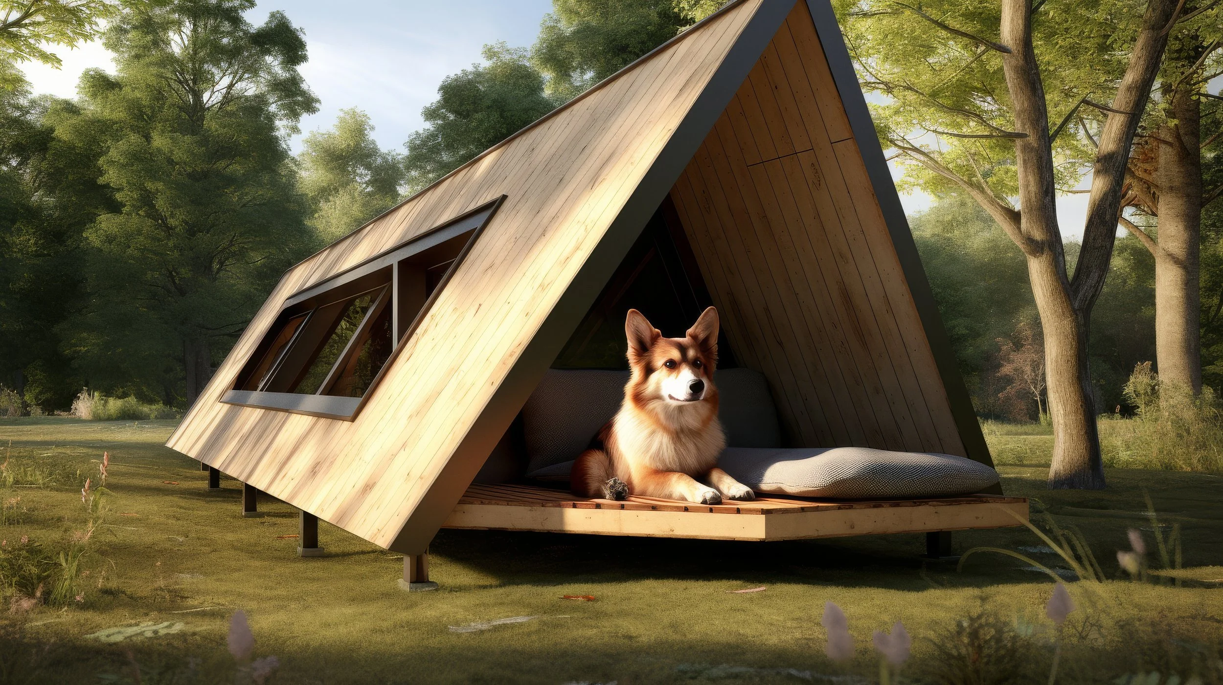 A modern A-frame wooden cabin in a forest clearing with a dog lying inside on a cushion.