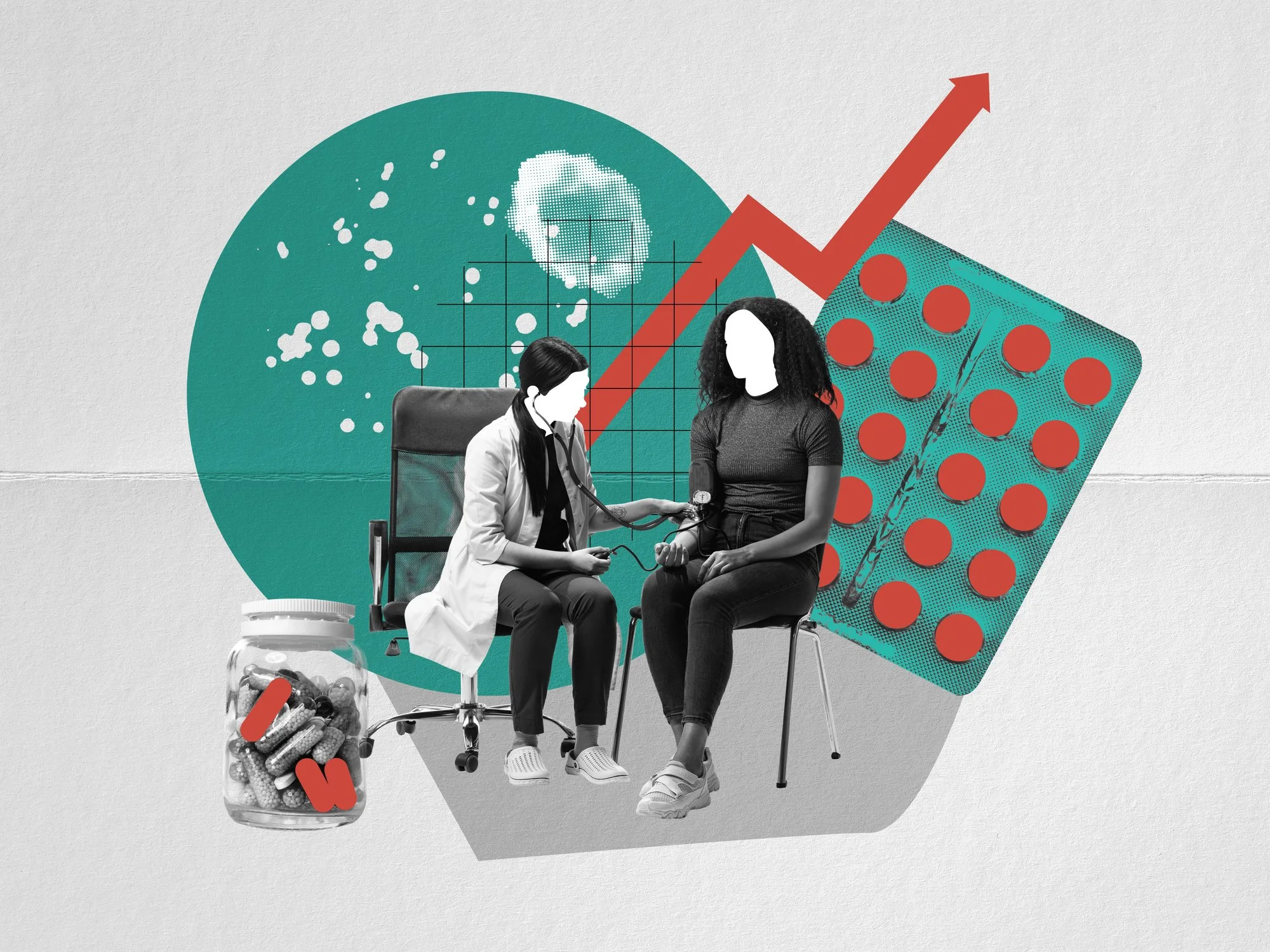 A collage featuring a healthcare professional taking a patient's blood pressure, with pills and medication blister packs, a growing red arrow, a virus illustration, and a graph indicating rising data trends.