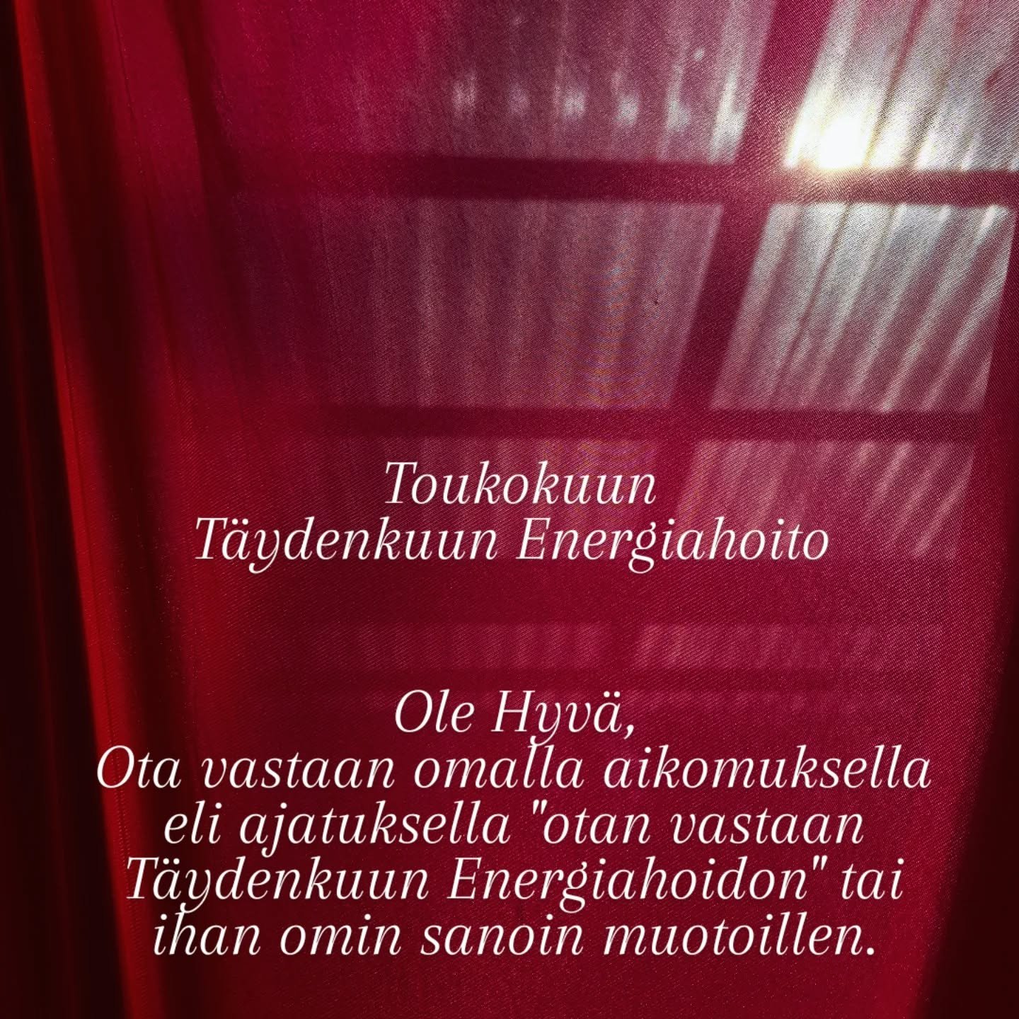 T&auml;ysikuu osuu juuri vappuun, saat vastaanottaa T&auml;ydenkuun Energiahoidon niin usein kuin haluat.

Jos t&auml;m&auml; on ensimm&auml;inen energiahoitosi, voi tuntua omituiselta "ottaa se vastaan" ajatuksella. Kokeile silti!

V&auml;