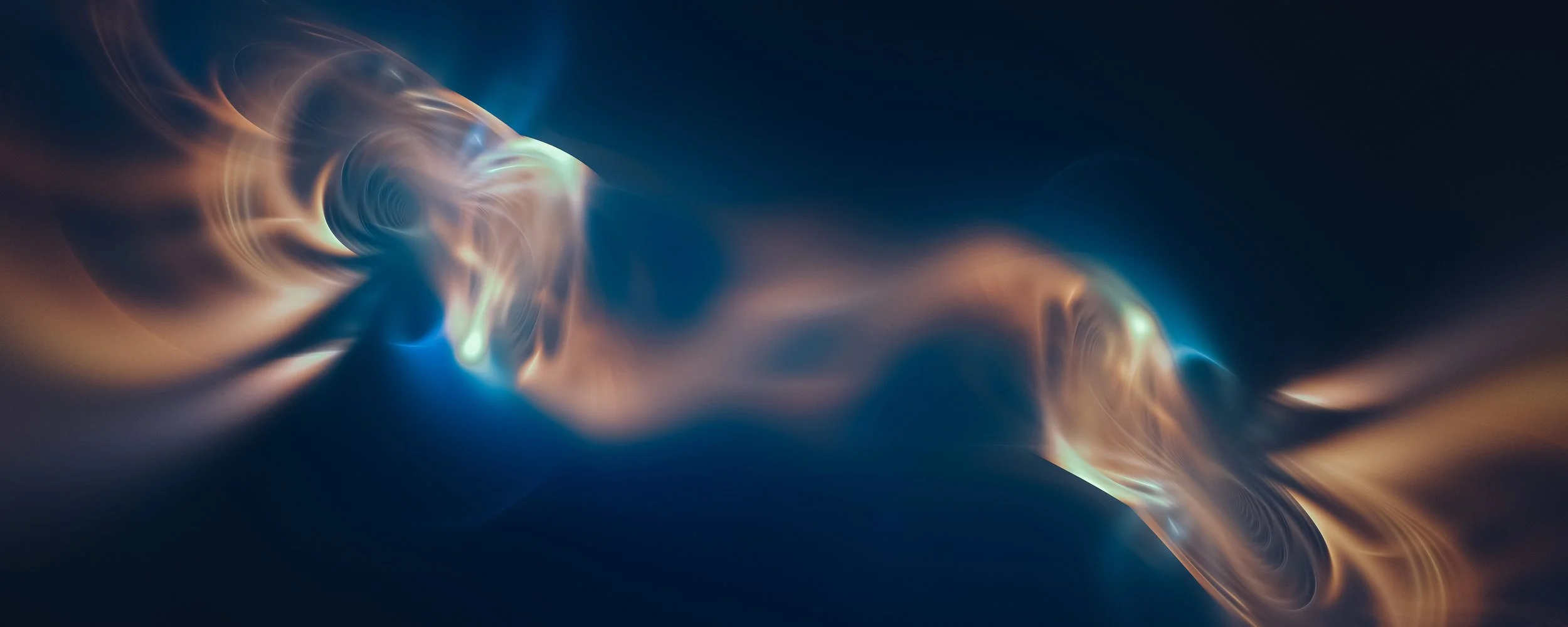 Abstract digital artwork featuring swirling, luminous shapes in shades of blue and orange against a dark background.