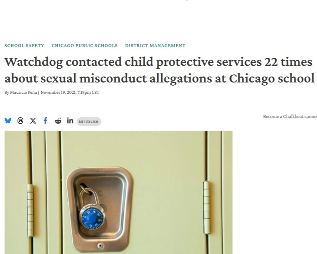 November 19, 2021: Chalkbeat article about the extensive Marine Leadership Academy sex abuse investigation involving 28 staff members, led by Amy Liss.