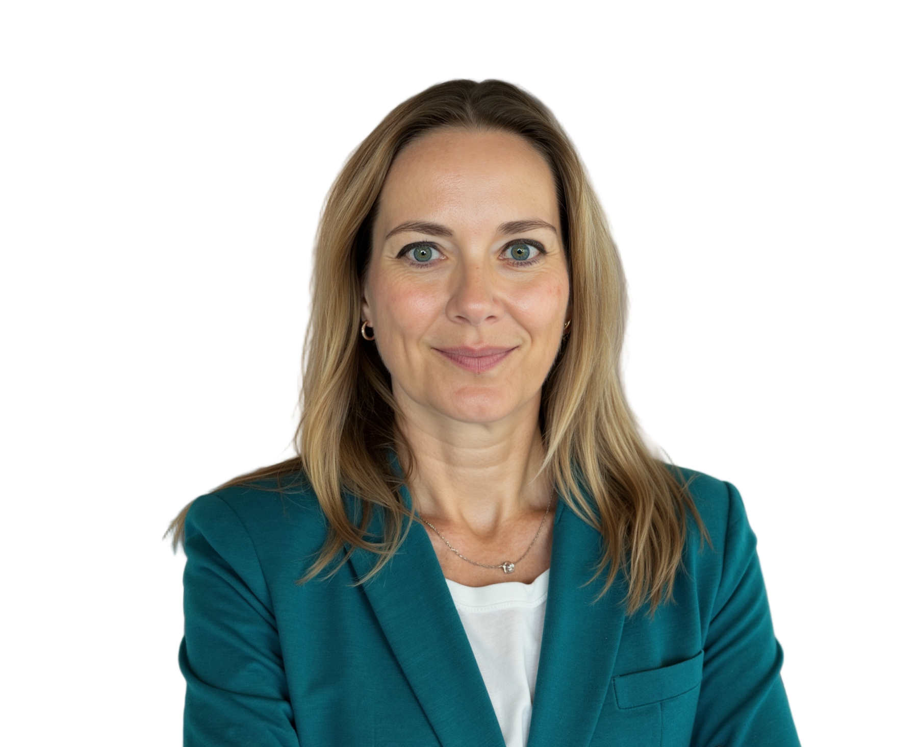A woman with blonde hair, blue eyes, wearing a teal blazer and a white top, smiling facing the camera against a black background.