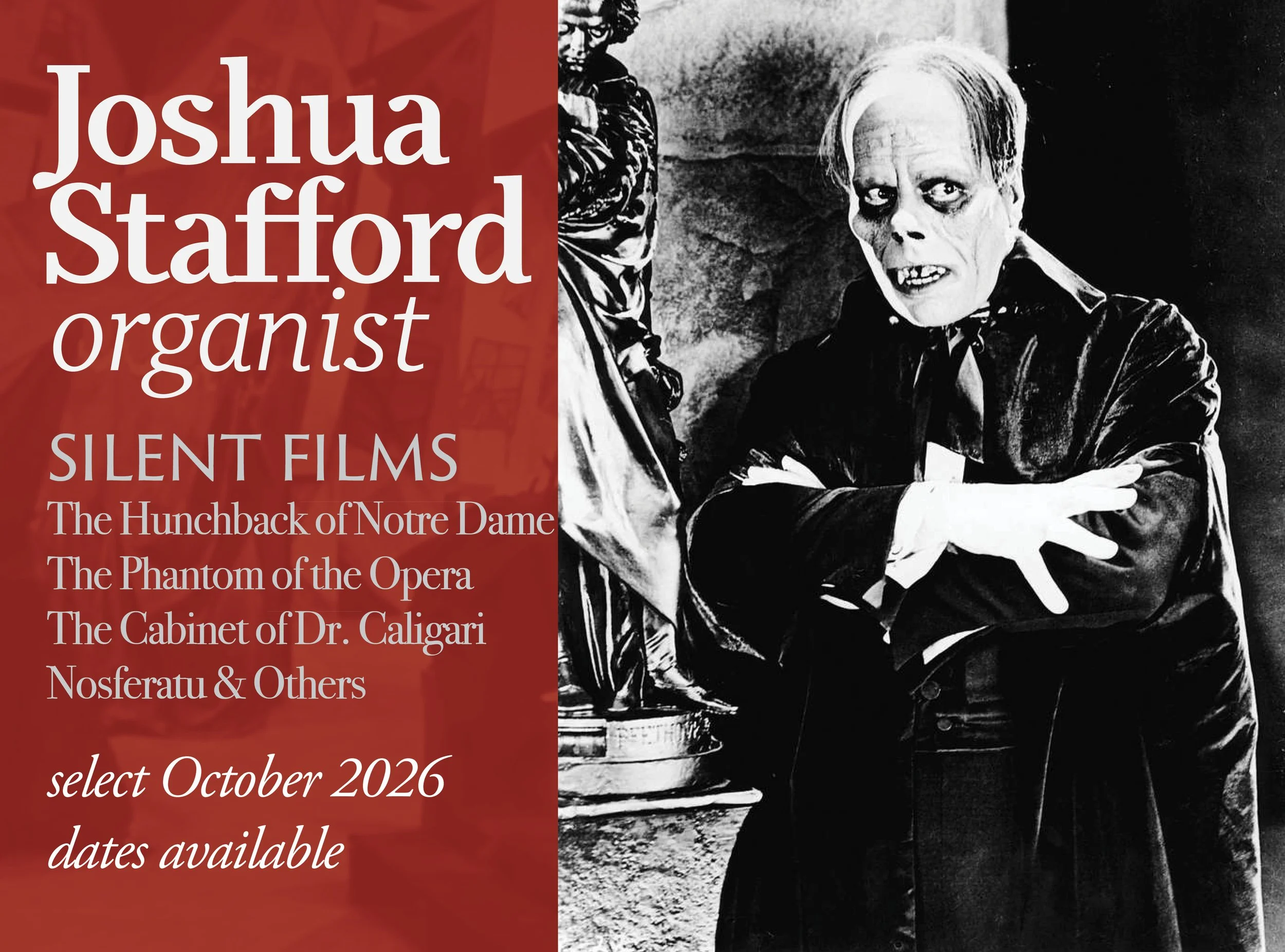 Promotional poster offering Joshua Stafford's availability for October 2026 silent films.