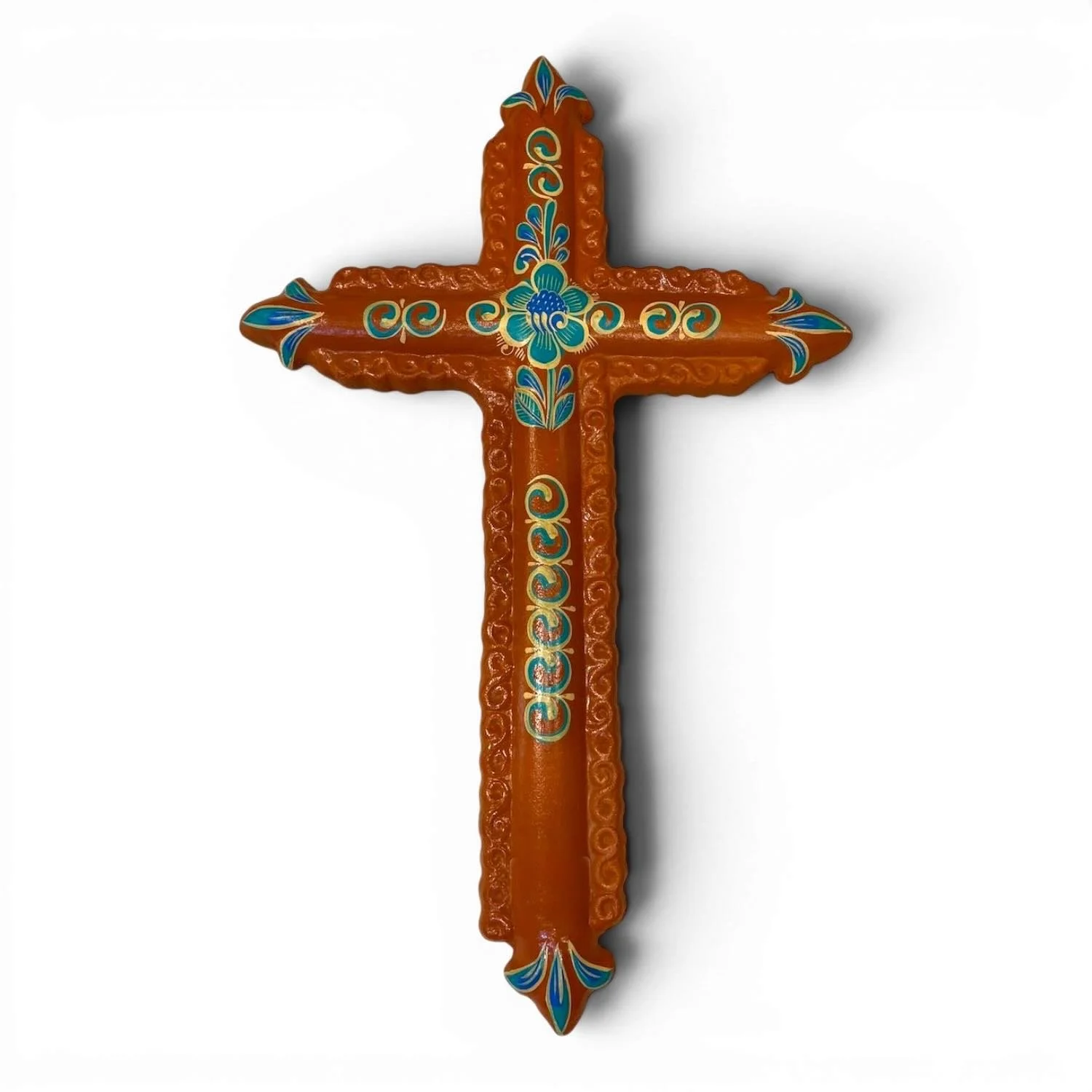 Handmade Clay Painted Cross – Floral Terracotta & Turquoise Wall Décor