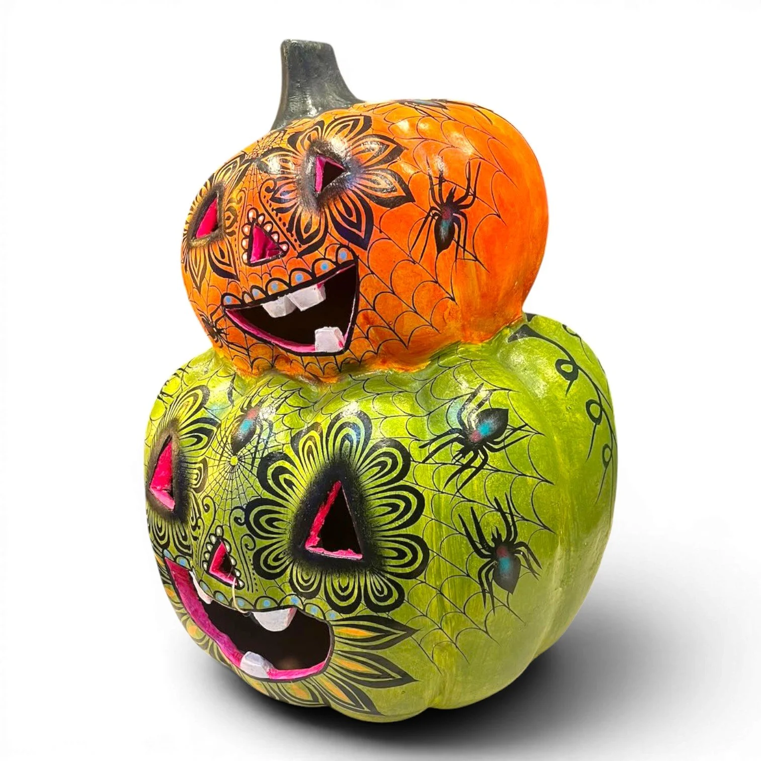 Handmade Mexican double clay jack-o’-lantern with hand-painted spider and web design