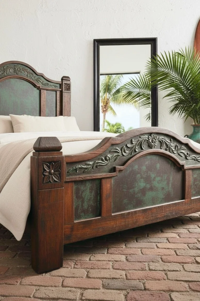 Shop a handmade copper bed from Mexico. Solid wood frame with embossed copper panels for a rustic luxury hacienda-style bedroom.