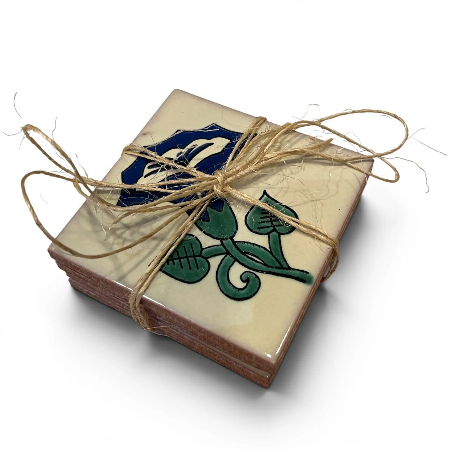 Handmade Talavera tile coaster set from Mexico featuring four colorful ceramic coasters with protective rubber bumpers.