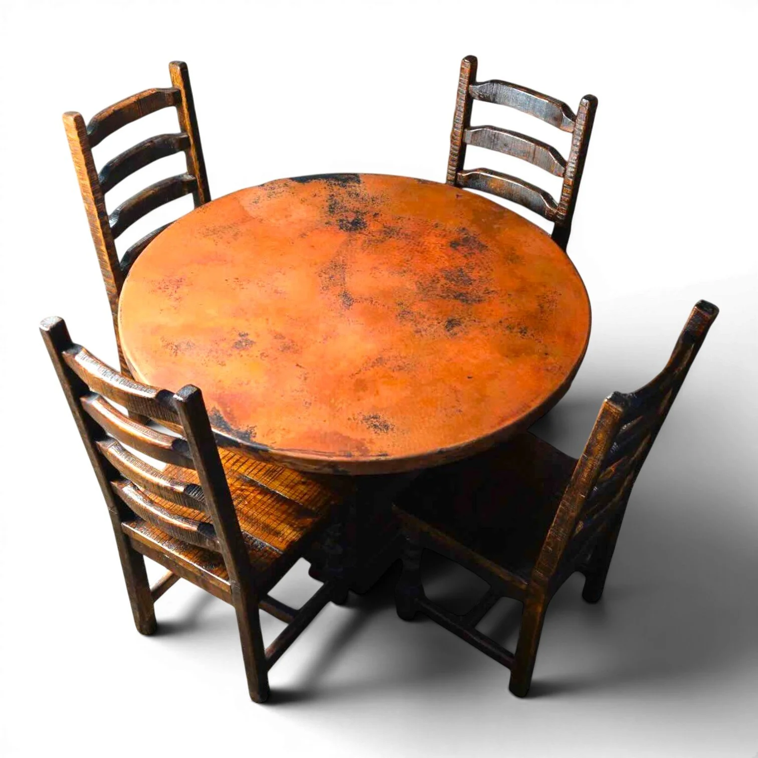 Handmade Mexican round copper dining table with hand-carved reclaimed wood pedestal base
