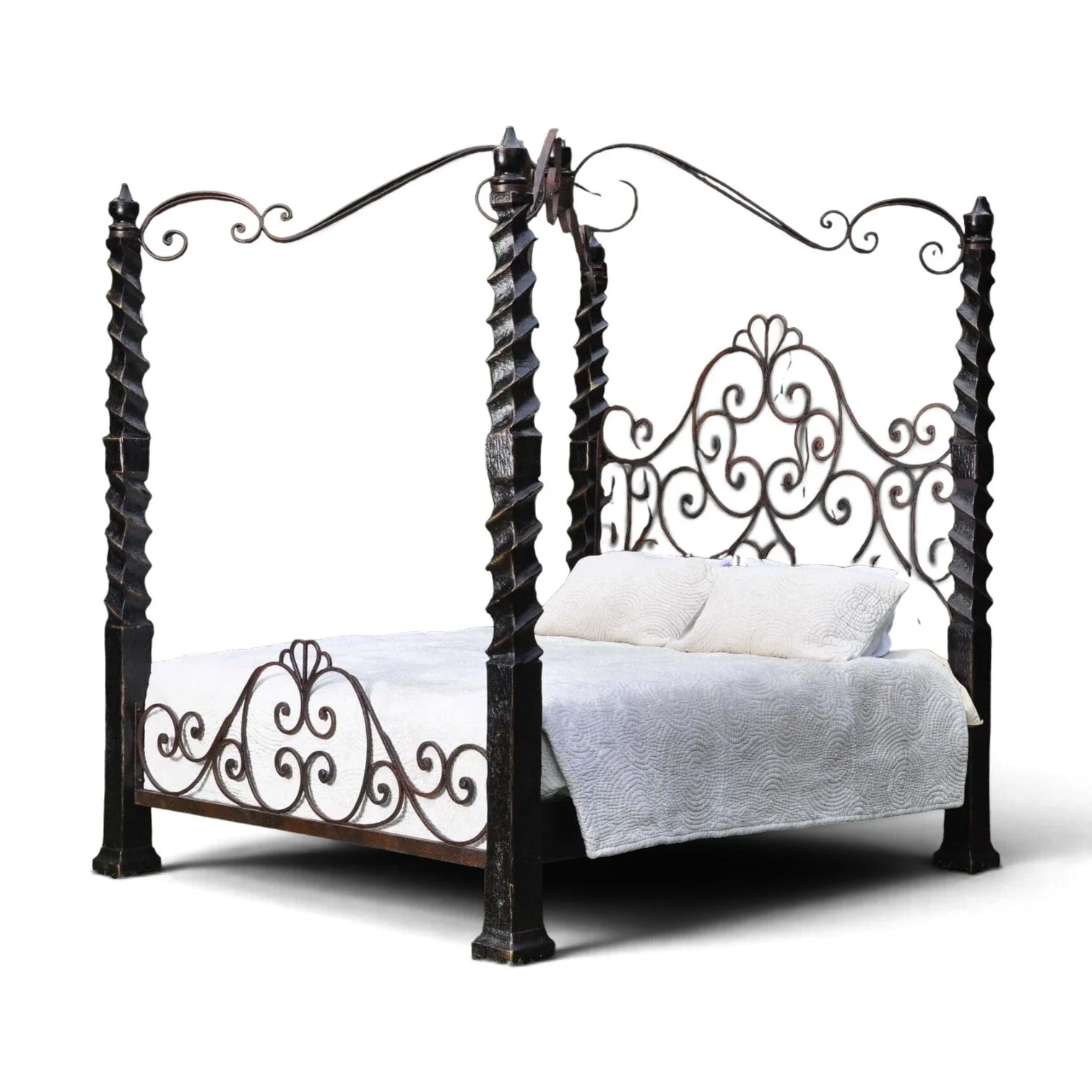 Handcrafted wood and wrought iron canopy bed with hand-forged scrollwork detailing
