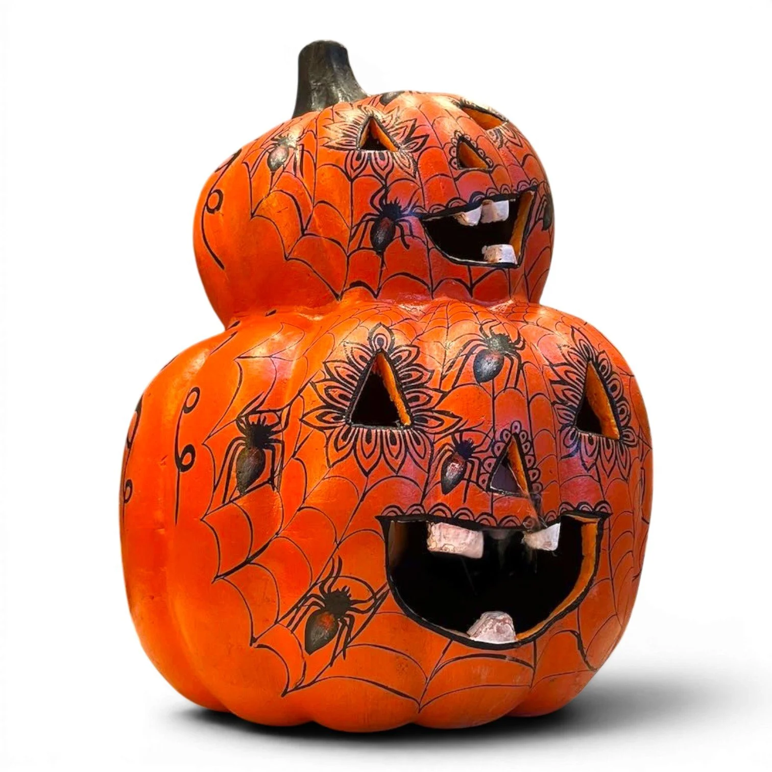 Handmade Mexican double clay jack-o’-lantern with hand-painted spider and web design