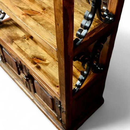 El Rosarito handcrafted Mexican reclaimed wood and wrought iron bookcase with rustic open shelving