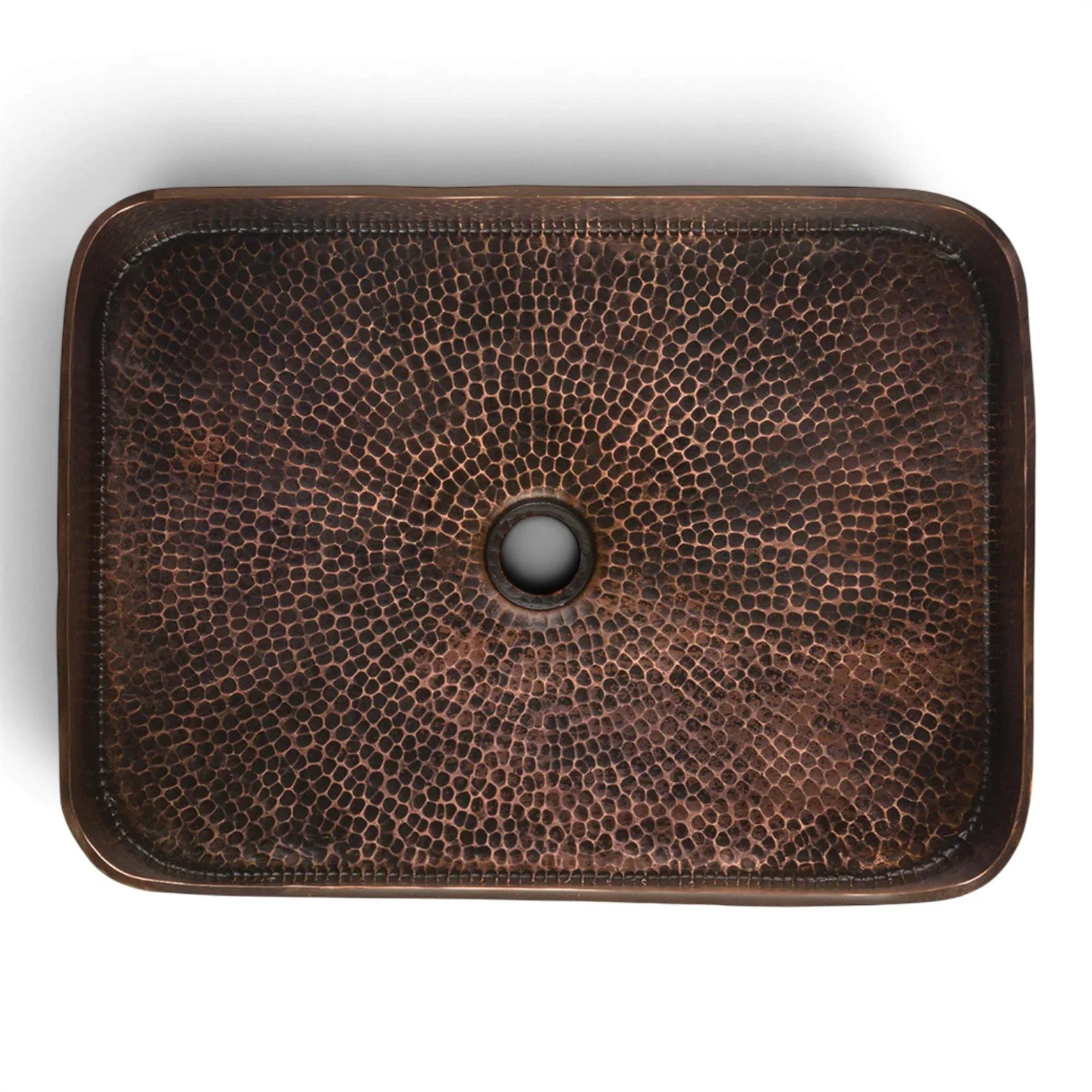 Hacienda Old World 19-inch rectangle tub hand forged hammered copper vessel sink with oil rubbed bronze patina.