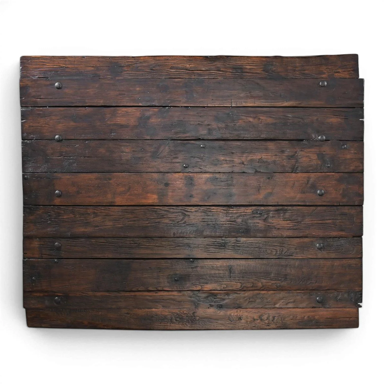 Handmade Amaya Coffee Table crafted from solid wood with rich dark stain and decorative iron clavos accents.
