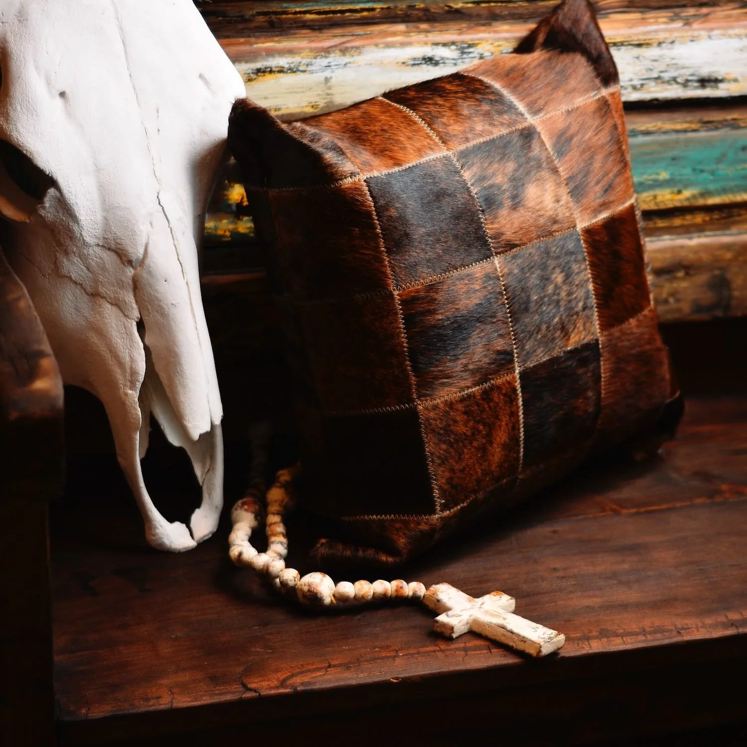 Handmade Brazilian Tombstone Pillow featuring cowhide and leather Western design, 18x18 decorative throw pillow.