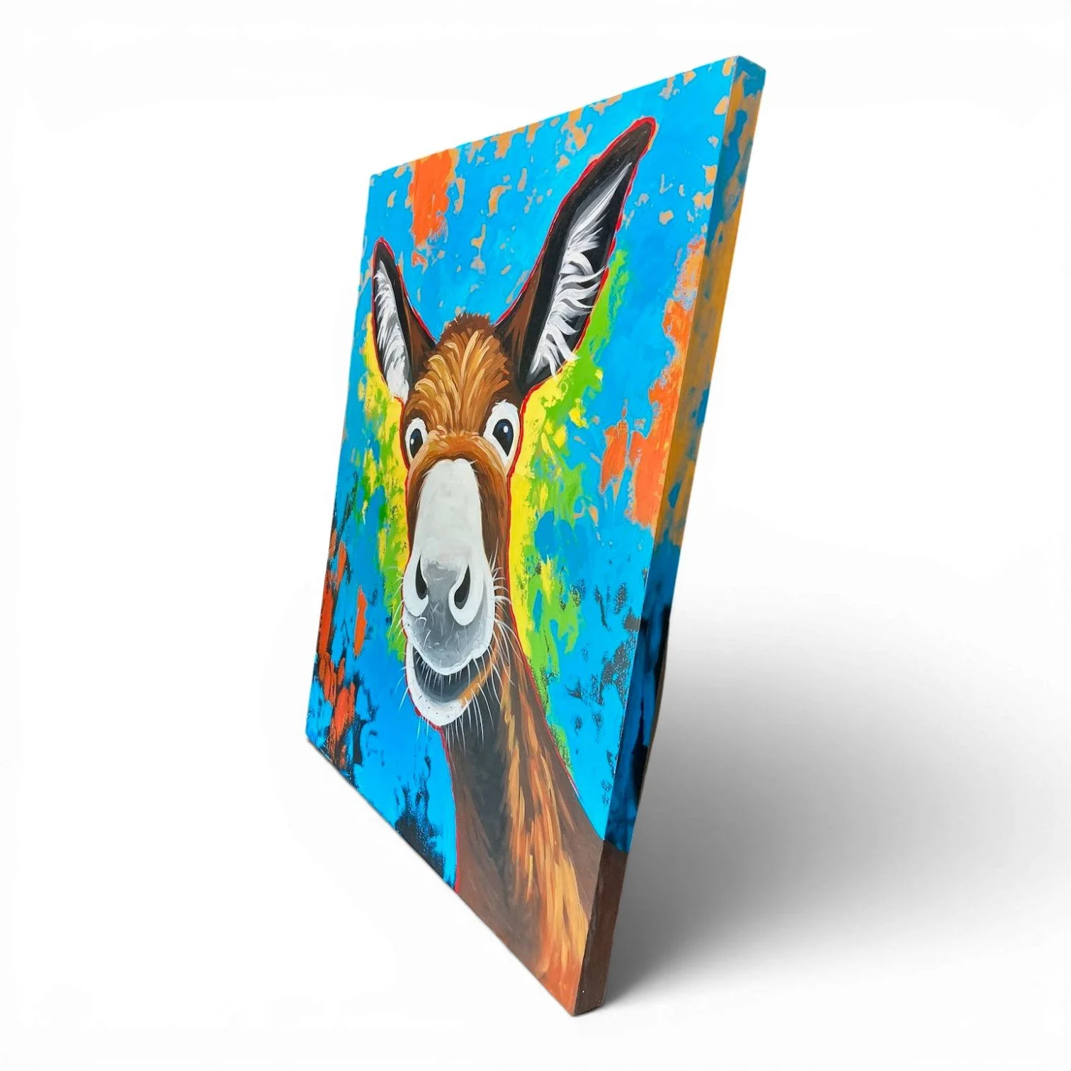 Hand-painted Mexican El Burro Bailador dancing donkey canvas artwork with vibrant colors and cheerful expression
