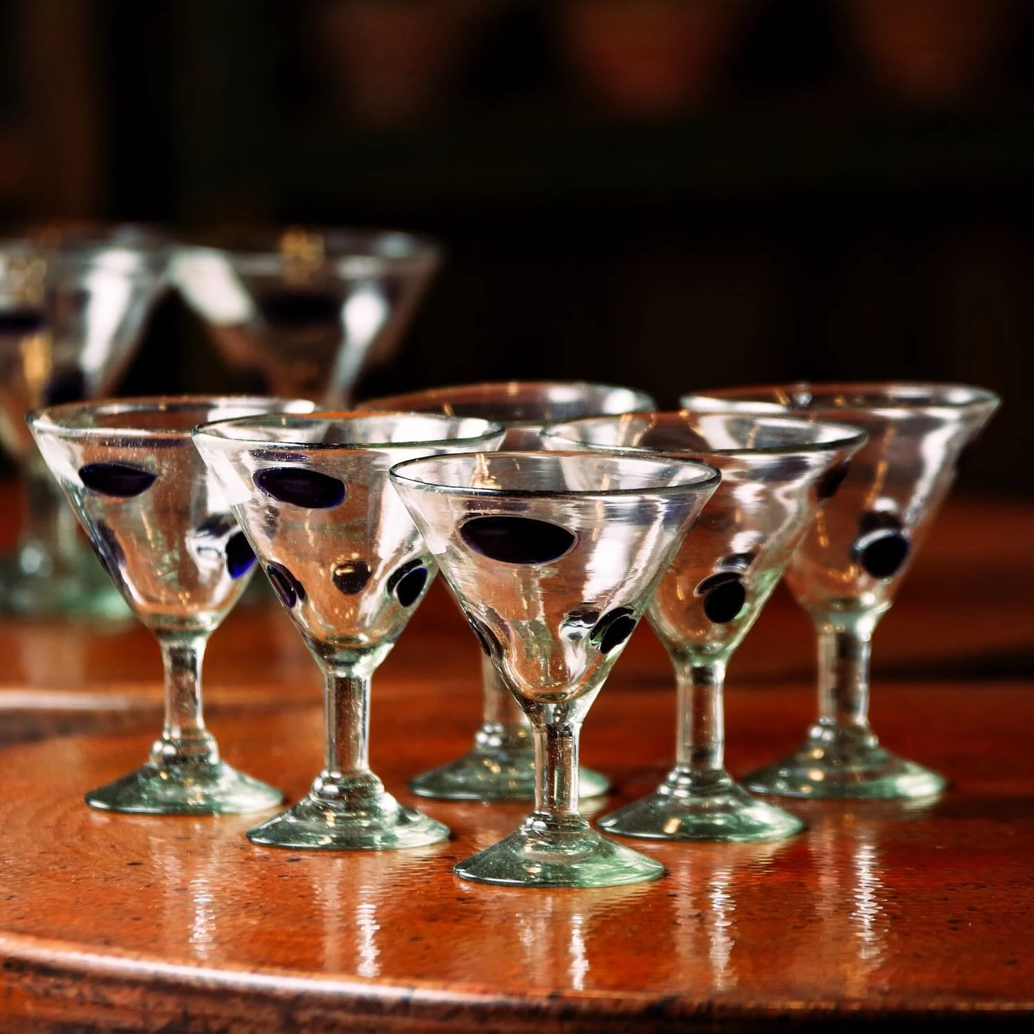 Handblown Polka Dot Martini Glasses from Mexico. - Cobalt